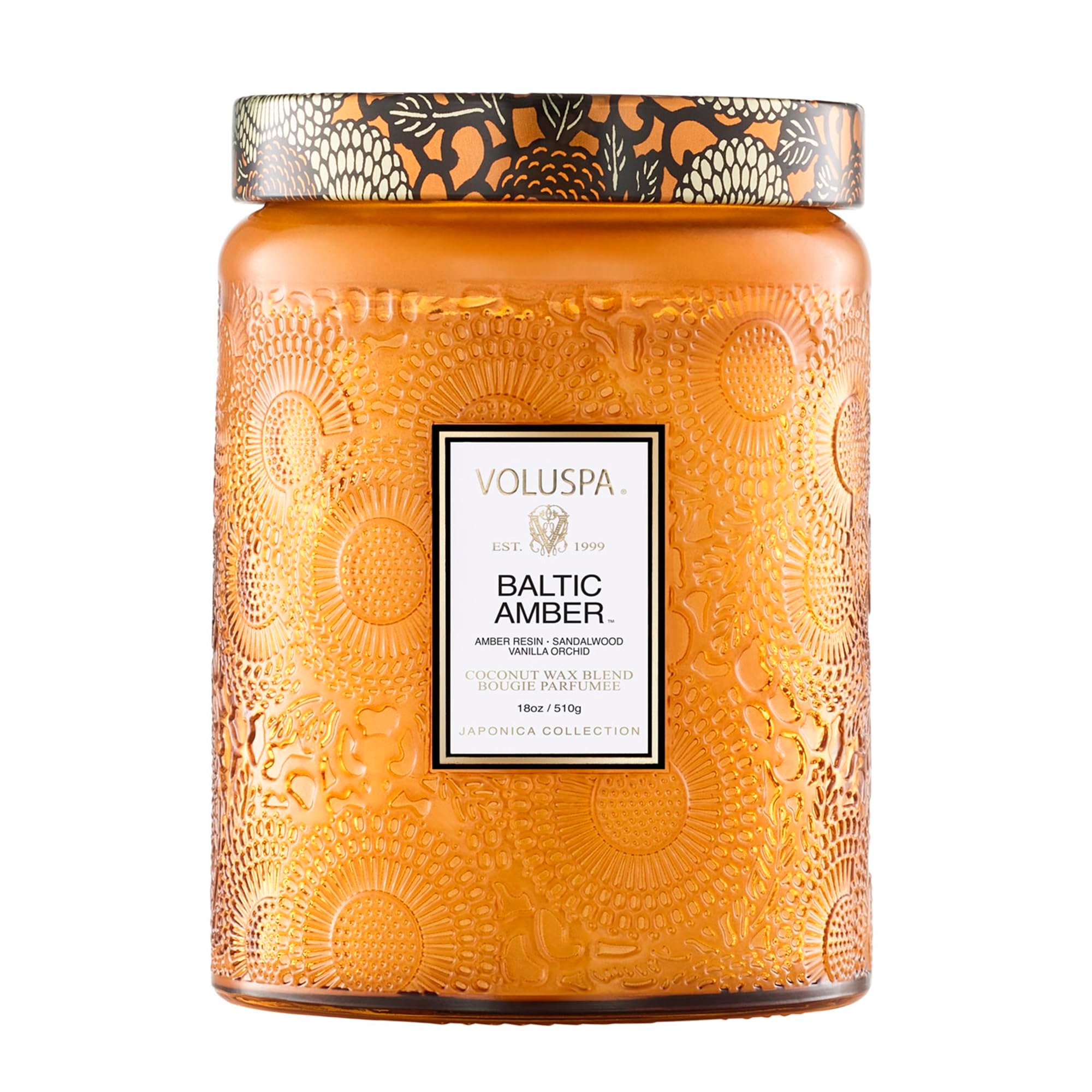 Voluspa Baltic Amber, Large Candle Jar, 18 oz, 100 Hour Burn Time, Coconut Wax for Clean Burning, Handcrafted in the USA