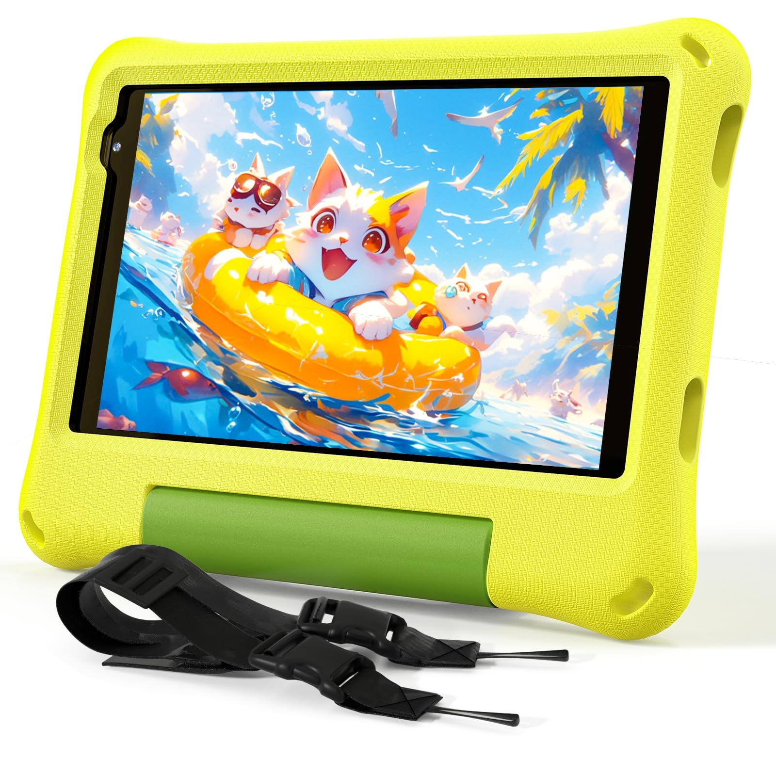 Kids Tablet 8 Inch Android 15, Octa-Core 12GB RAM + 64GB ROM, Toddler Tablet with WiFi 6, Parental Control, Pre-Installed Kids Space, EVA Case, Anti-Glare Screen Protector, Adjustable Strap, Yellow