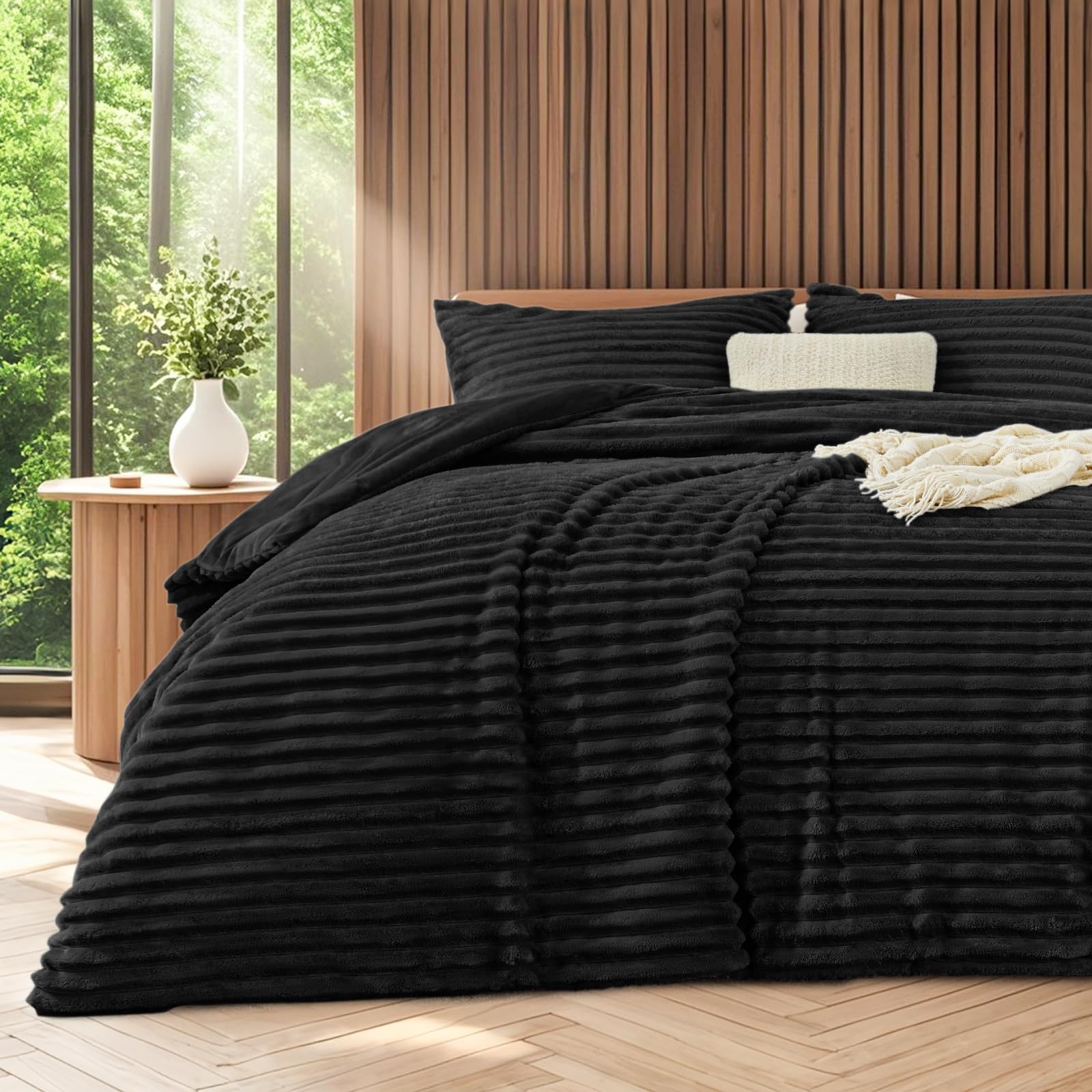 EXQ Home Fluffy Comforter Set Queen Size - Super Soft Faux Fur Stripe Jacquard Comforter 3 Pieces, Black Fleece Bedding Set,Winter Warm Bed Set,1 Comforter with 2 Pillowcases