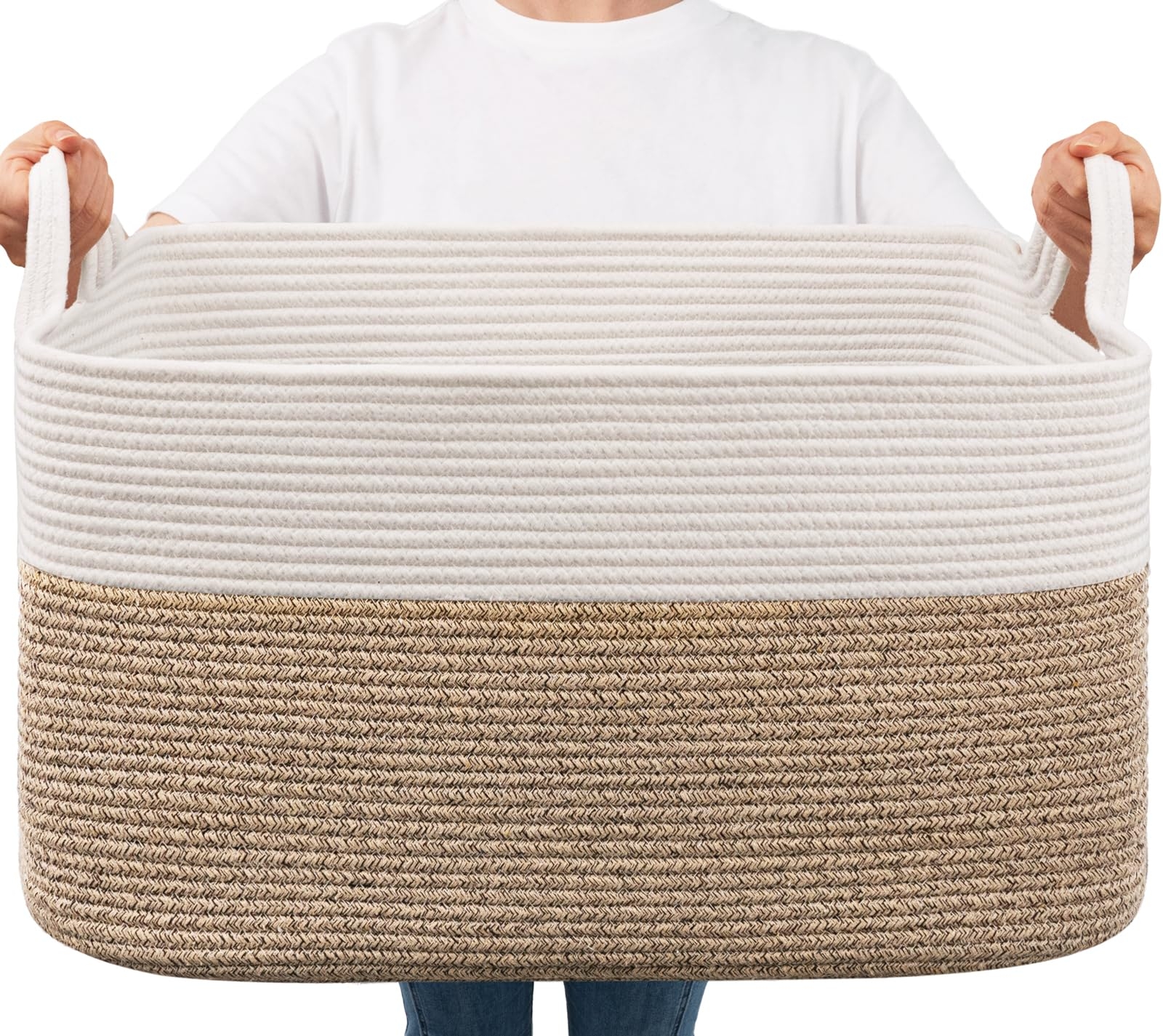 Goodpick Large Woven Blanket Basket, 21.6" x 14.9" x 11.8" Storage Baskets for Organizing, Rectangle Cotton Rope Toy Basket for Living Room, Bedroom, White & Brown