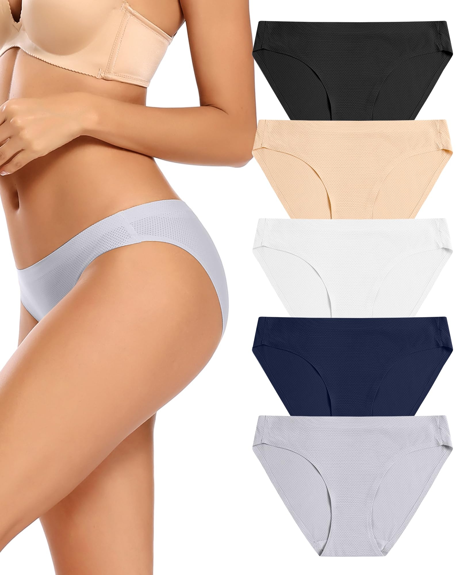 voenxe Women Bikini Underwear,Seamless Breathable Ladies Panties,No Show Comfortable Briefs Undies for Women,Hipster,5-Pack