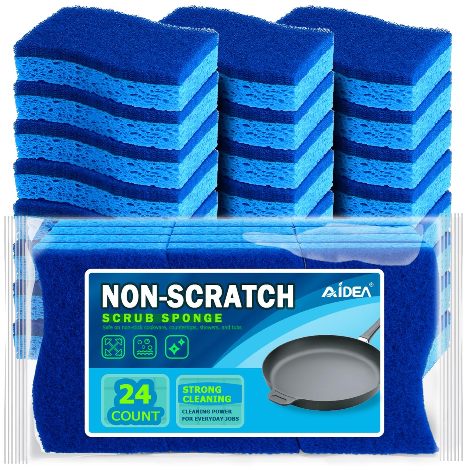 AIDEA Non Scratch Scrub Sponge, 24Count, Sponges for Dishes, Sponges Kitchen, Cleaning Sponge, Cleans Fast Without Scratching, Stands Up to Stuck-on Grime, Cleaning Power for Everyday Jobs