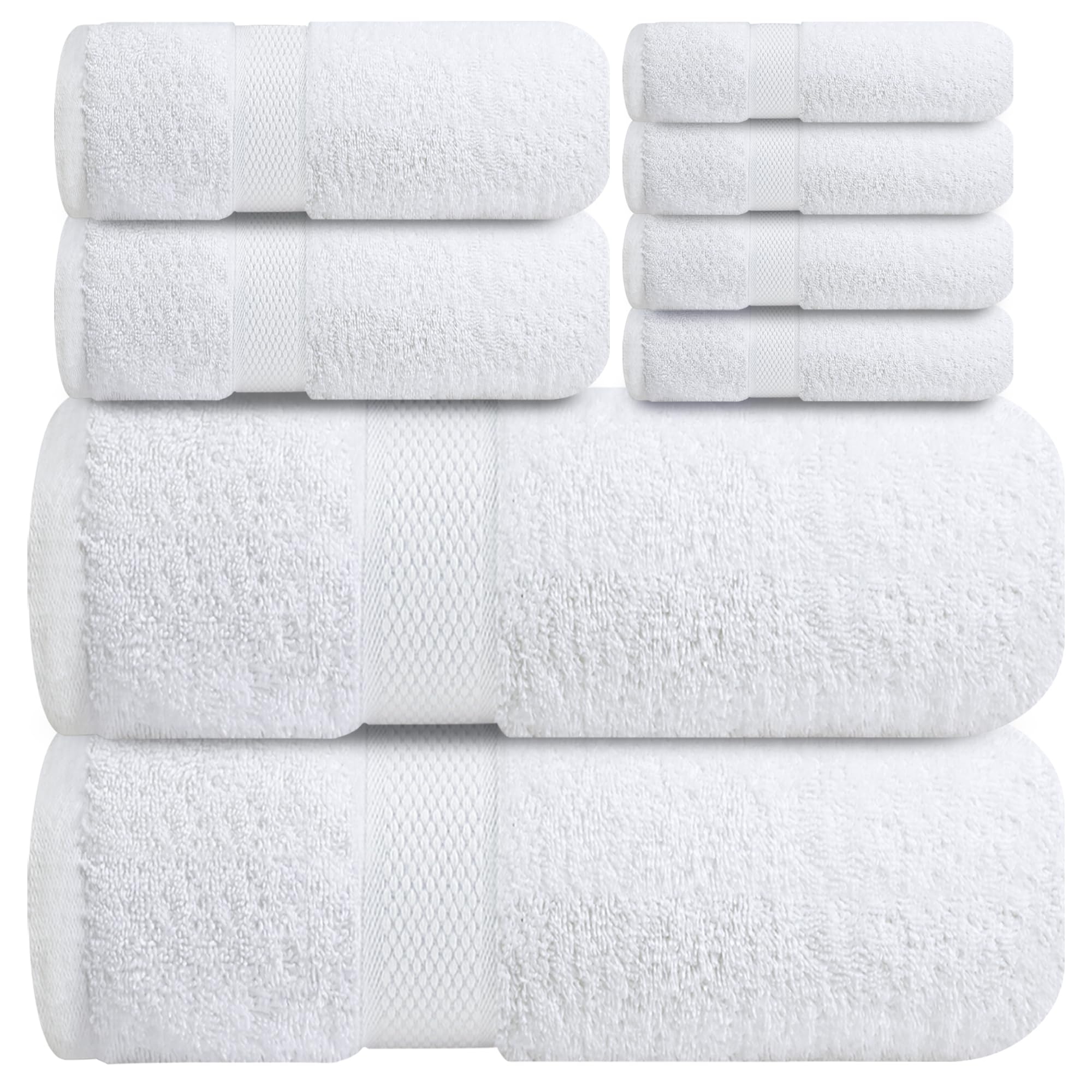 Infinitee Xclusives Luxury 100% Cotton Towel Set – 8 Piece Bathroom Towel Set (2 Bath Towels, 2 Hand Towels, 4 Washcloths) – Soft & Absorbent Towels for Bathroom (Brilliant White)