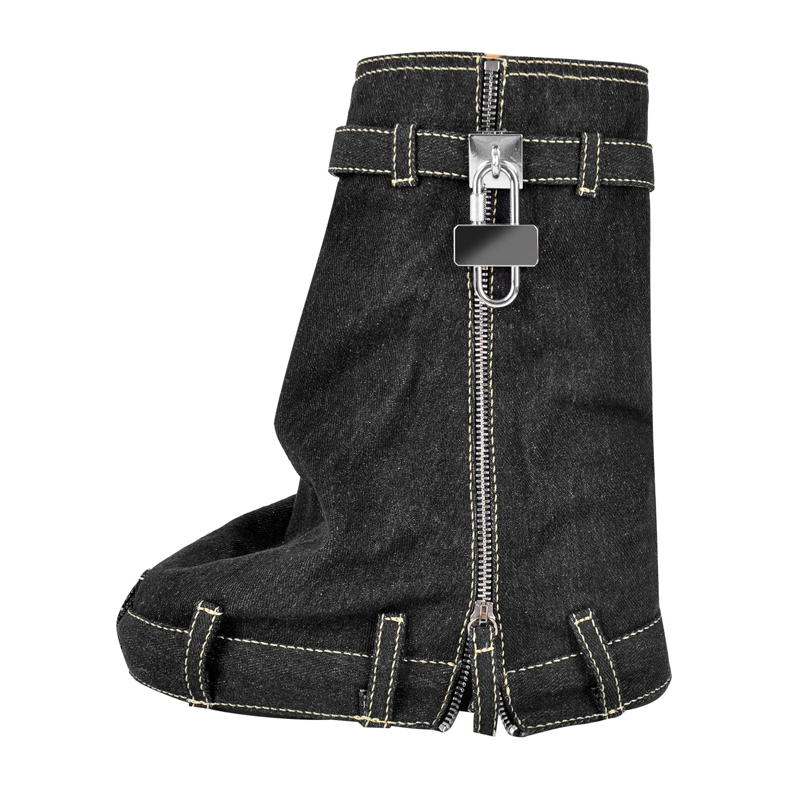 onlymaker Padlock and Zippers Fold Over Platform Calf High Boots side Zippers Denim Boots Black Size 10