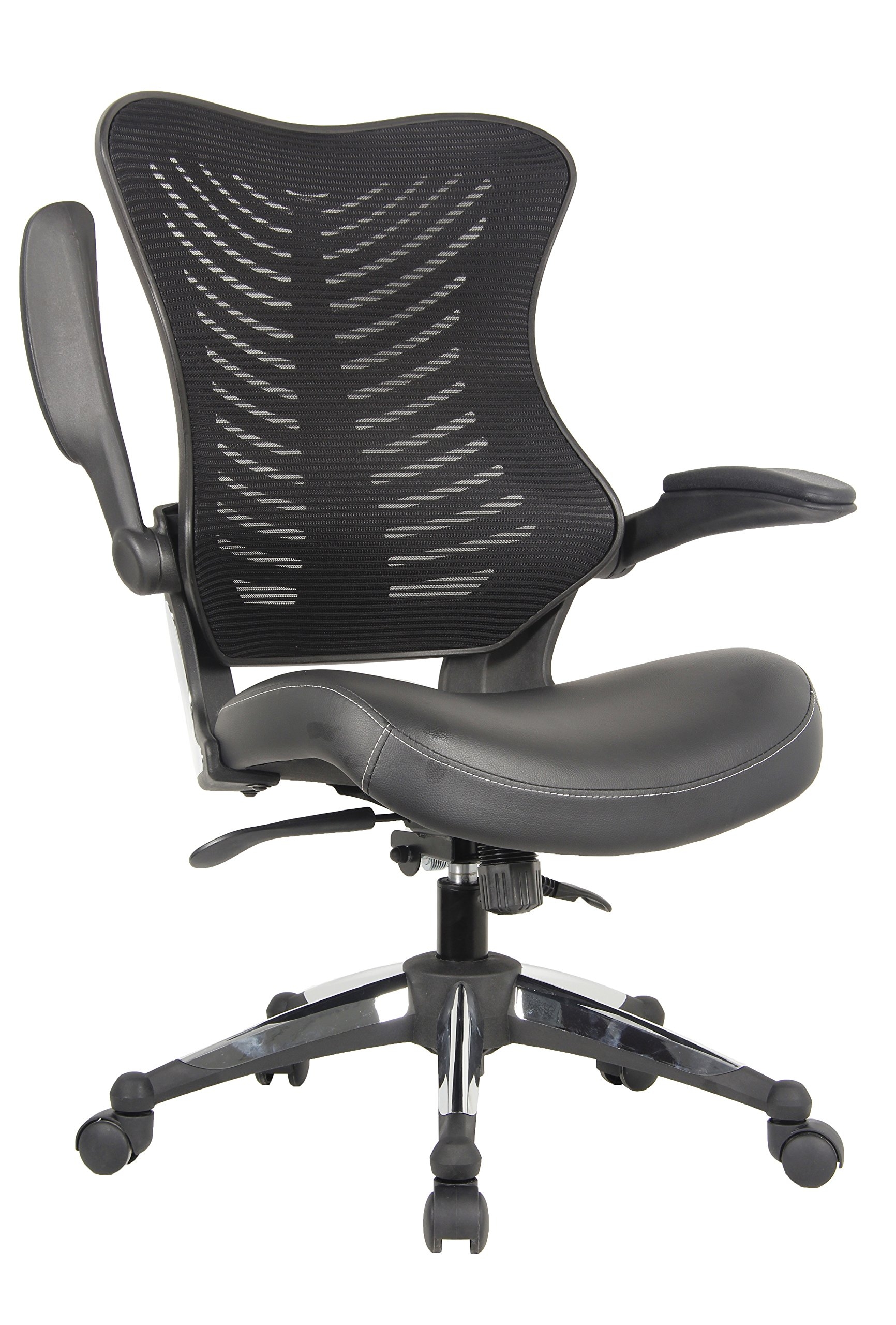 OfficeFactor Executive Ergonomic Computer Office Chair Back Mesh Bonded Leather Seat Flip-up Arms Lumbar Support Molded Foam Seat Adjustable Height Home Office Desk Chair (Black)