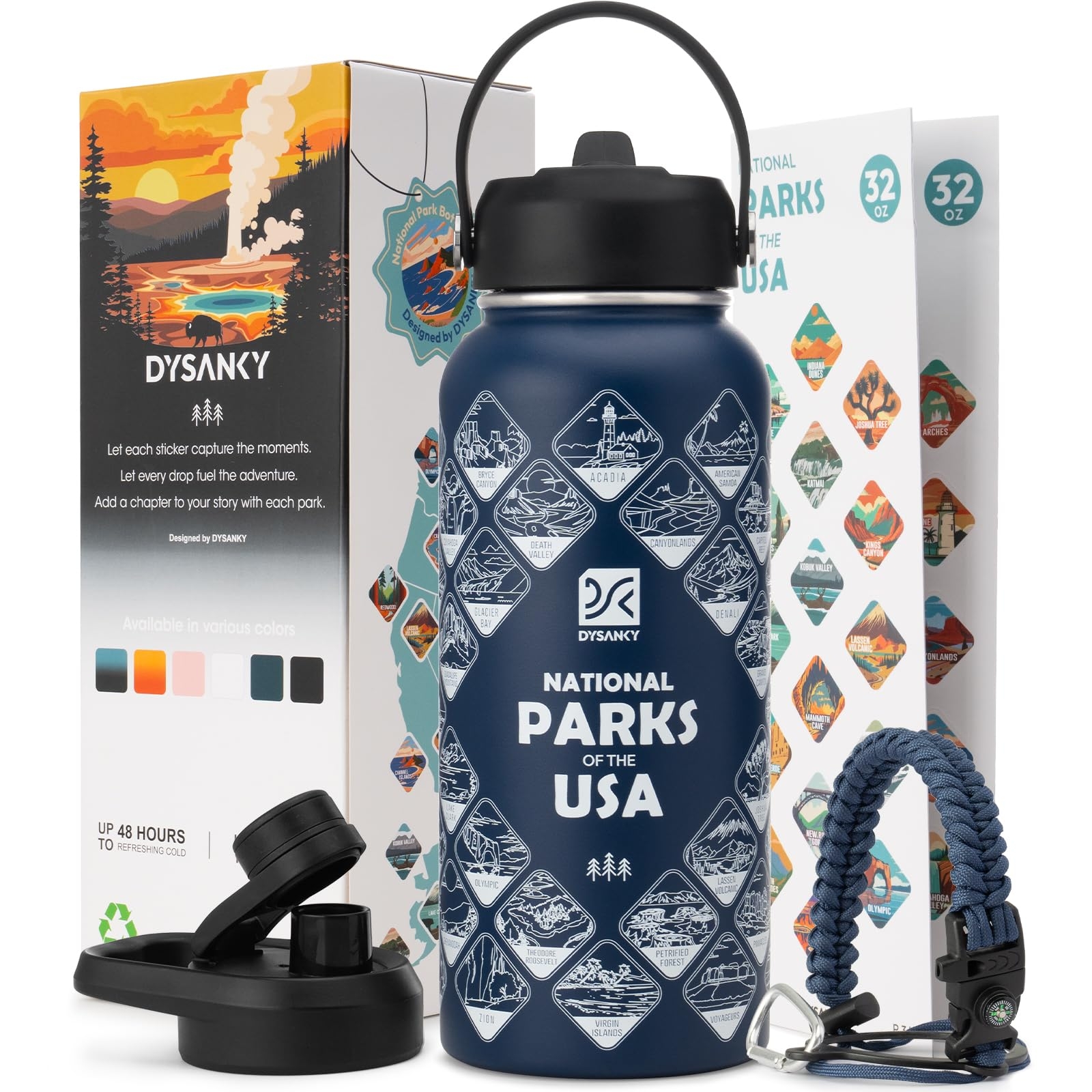 DYSANKY National Parks Water Bottle – 32 oz Insulated Stainless Steel Water Jug with 63 Hand-Drawn Park Stickers, Outdoor Accessories & Gift Box – BPA-Free – Ideal for Hiking, Camping & Travel