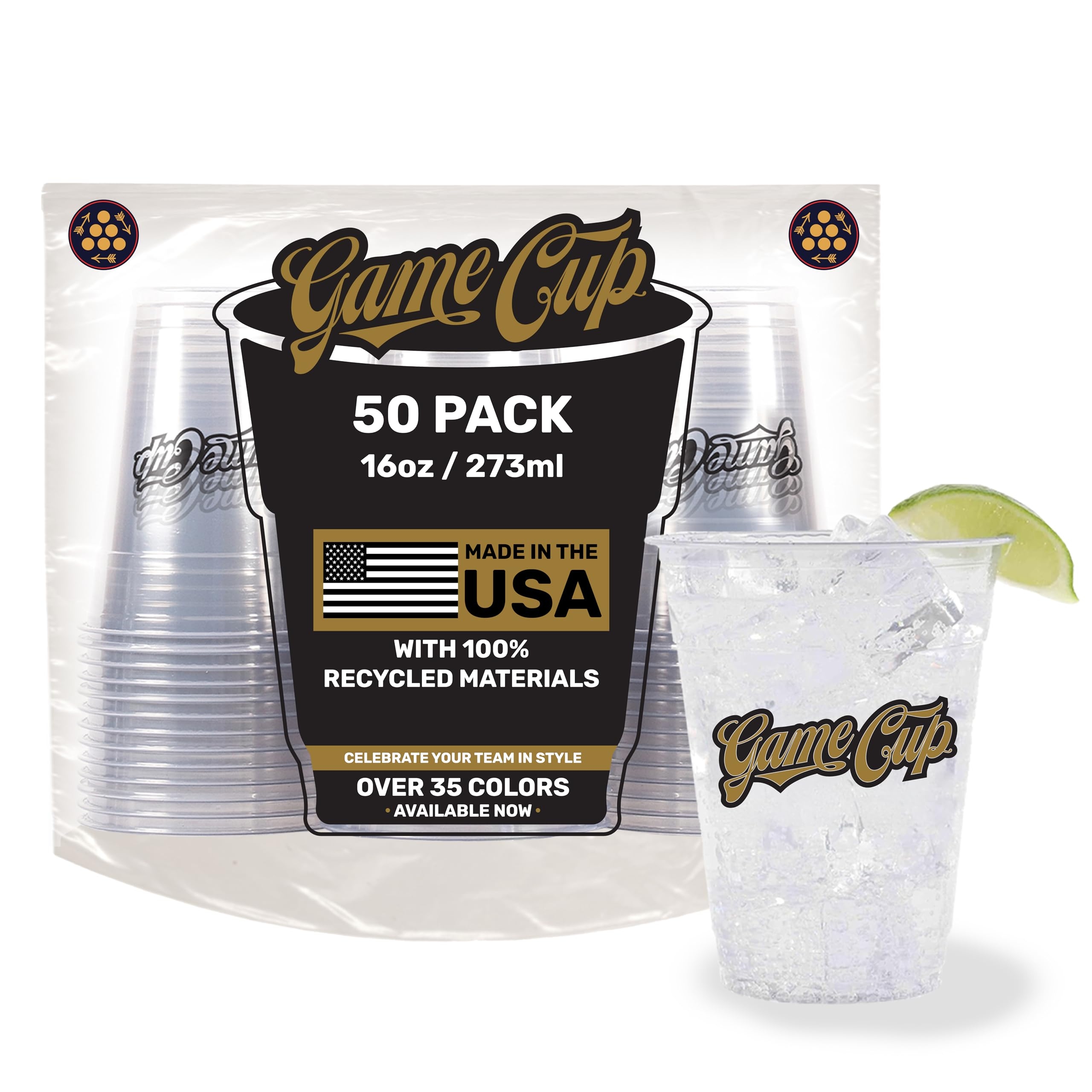 Game Cup 16oz Clear Plastic Cups (50 Pack) Made in the USA from Recycled PET Plastic | 100% Recyclable Clear Disposable Plastic Cups for Party, Tailgating, Game Day & More - Black & Gold