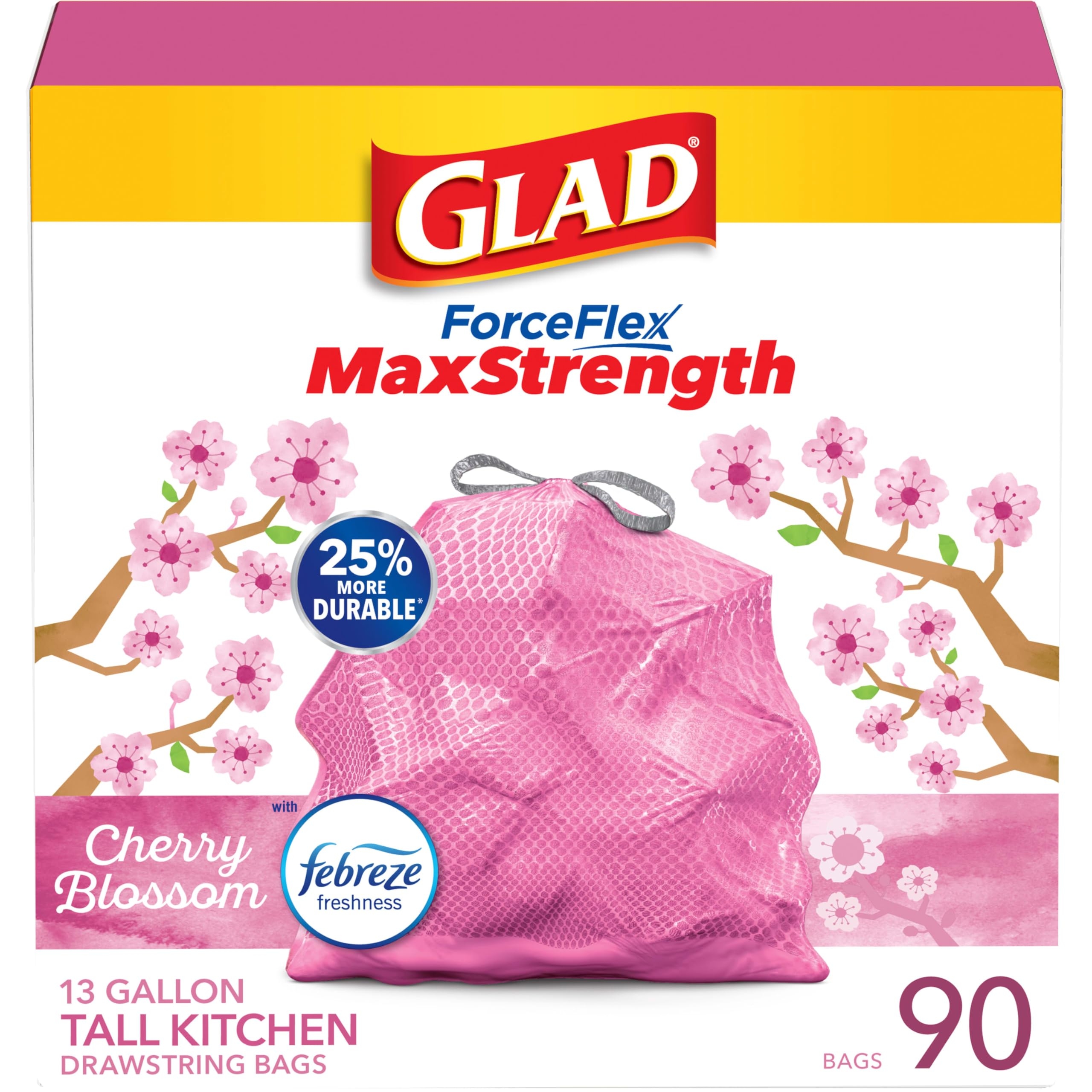 Glad ForceFlex MaxStrength Tall Kitchen Drawstring Trash Bags, 13 Gal, 90 Ct (Package May Vary)