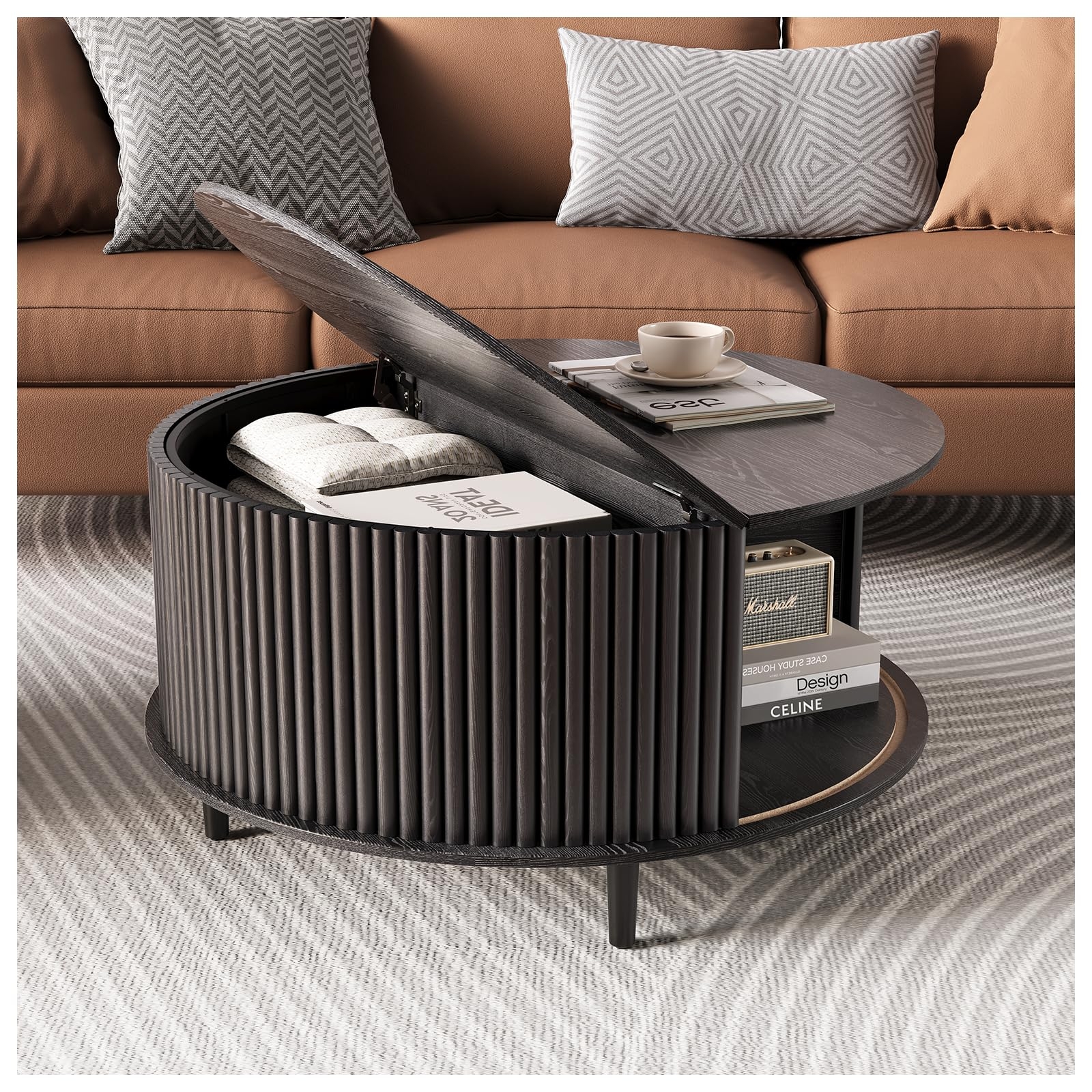 JOINICE,Round Coffee Table with Storage, Mid Century Modern Center Table with Sliding Cabinet Door, Fluted Dining Table for Living Room, Home Small Space, 31.5", Black