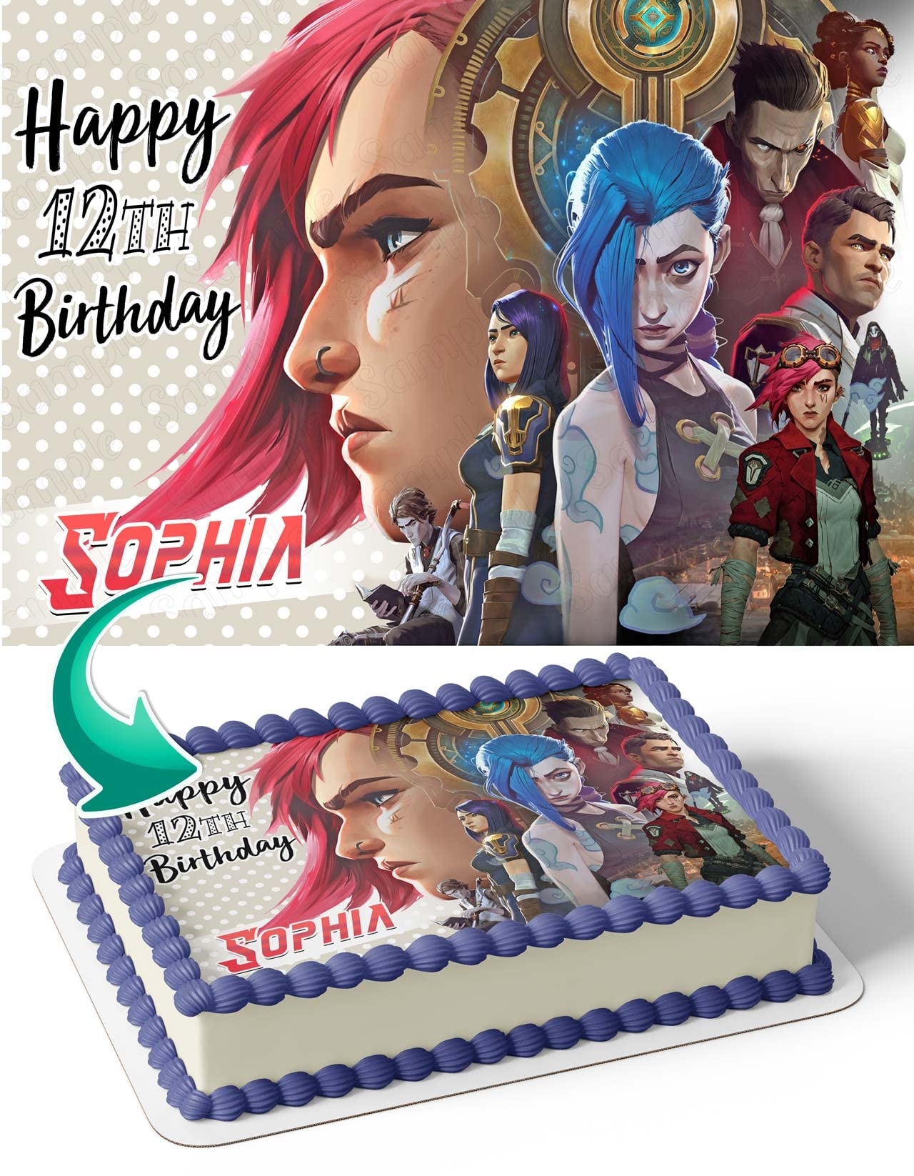 CAKECERY Arcane Vi Edible Cake Image Topper Personalized Birthday Cake Banner 1/4 Sheet