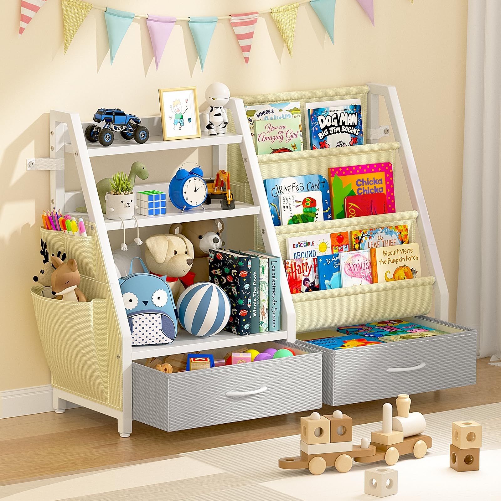 Twinkoo Kids Bookshelf and Toy Organizer, Sturdy 3 Tier Kids Bookcase, Sling Bookshelf and 2 Toy Bins, Toddler Montessori Book Shelf with Toy Storage Organizer for Children Room, Playroom, Nursery