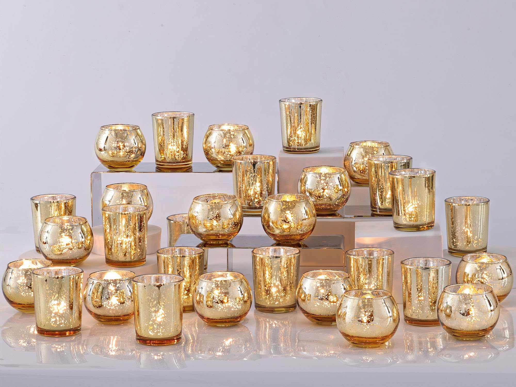 DEVI 48PCS Assorted Gold Votive Candle Holders Bulk, Mercury Glass Holders for Tea Lights, Christmas Party Wedding Diwali Centerpieces for Table, Party Supplies