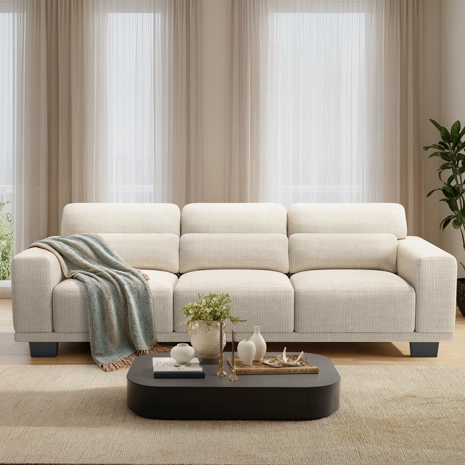 Pipishell 3 Seater Sofa Couch with Deep Seats and Wide Armrests, 89" Couches for Living Room, Comfy 3-Seater Futon Sofas,Modern Upholstered Couch with Removable Washable Cover,Linen Fabric, White