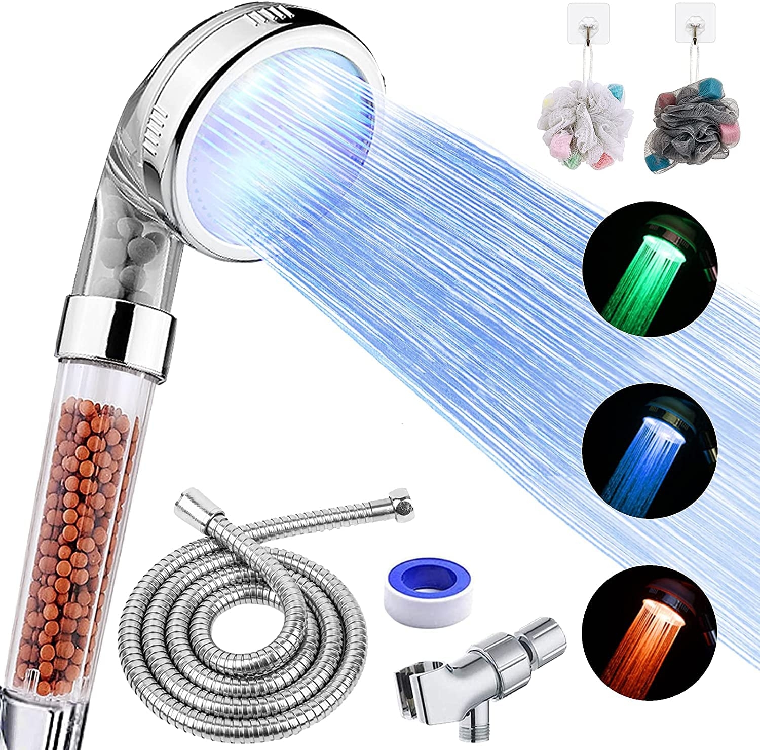 FASTRAS LED Shower Head with Handheld, High Pressure Shower Head with Hose, Holder & PTFE Tape etc, 3 Water Temperature-Controlled Water Saving Filtered Shower Head for Dry Hair& Skin