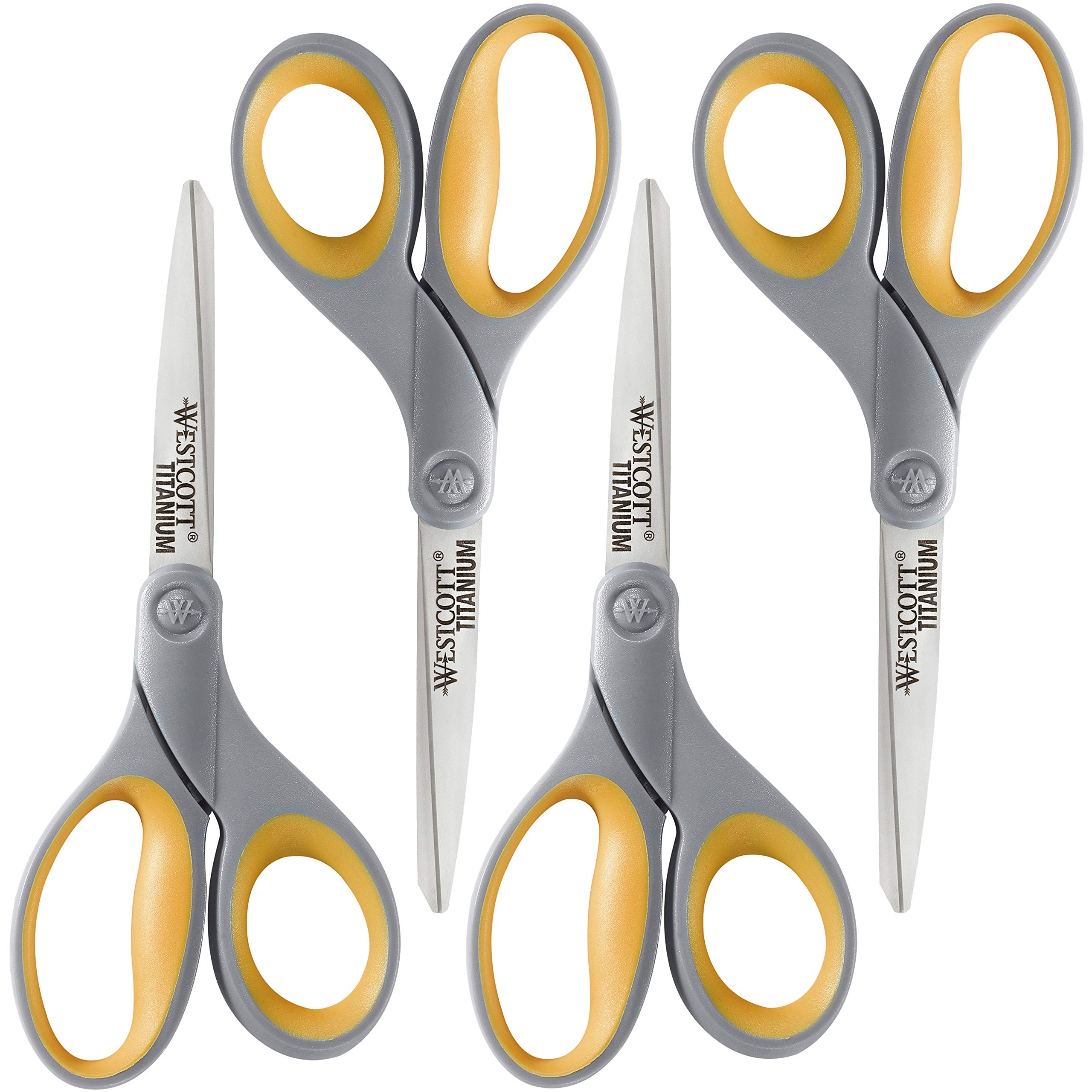 Westcott 8-Inch Titanium Bonded Scissors, Soft Handle, Straight Heavy Duty Scissors, Gray/Yellow, 4-Pack