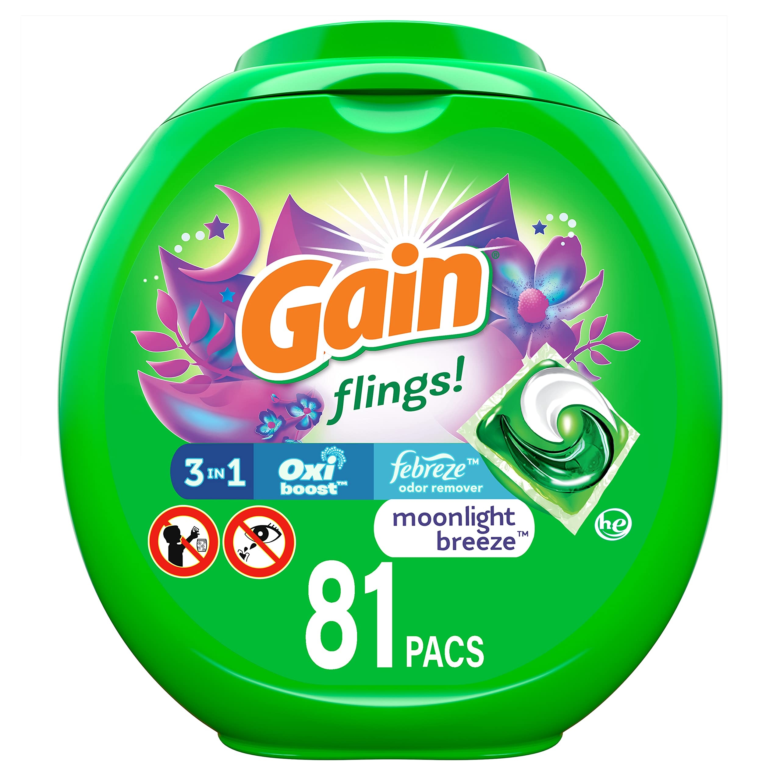 Gain flings! Laundry Detergent Soap Pods, High Efficiency (HE), Moonlight Breeze Scent, 81 Count - Packaging May Vary