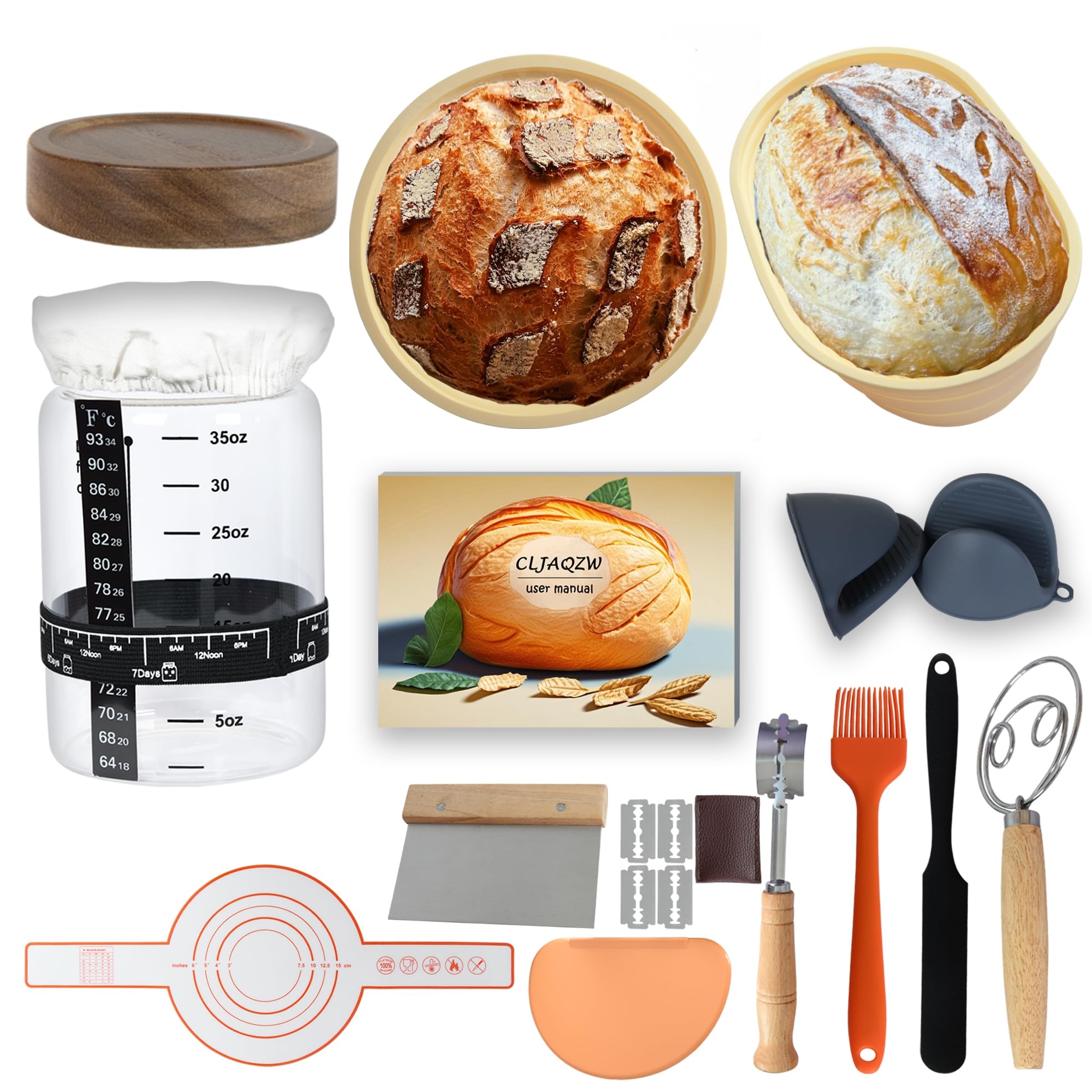  Sourdough Starter Kit, Sourdough Bread Baking Supplies, Bread Making Tools and Kit, Sourdough Proofing Basket, 35 oz sourdough starter jar, Gifts for Mom, Bakers Sourdough Starter Kit Beginners 