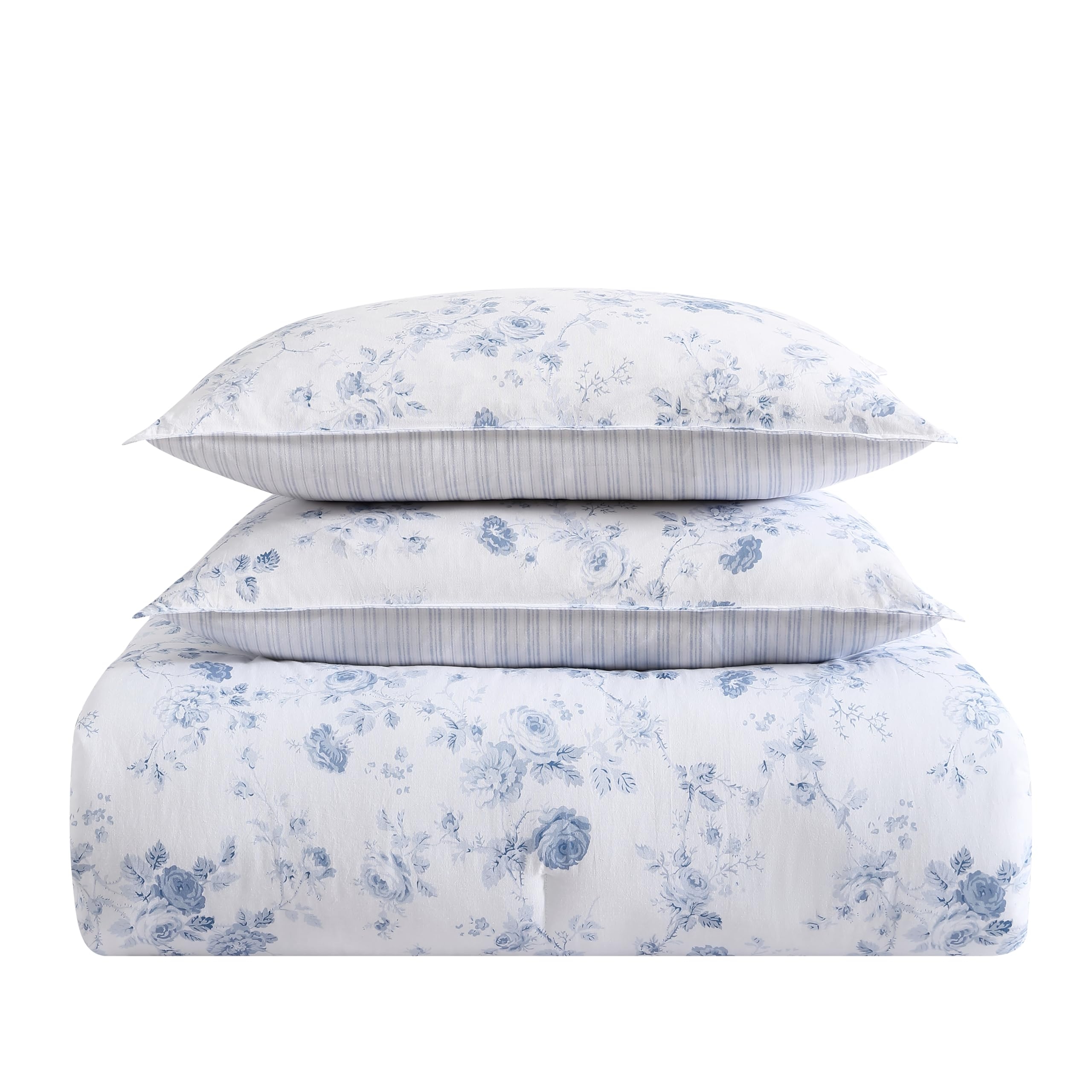 Laura Ashley- Queen Comforter Set, Reversible Cotton Bedding with Matching Sham(s), Dorm Essentials (Belinda Blue, Queen)