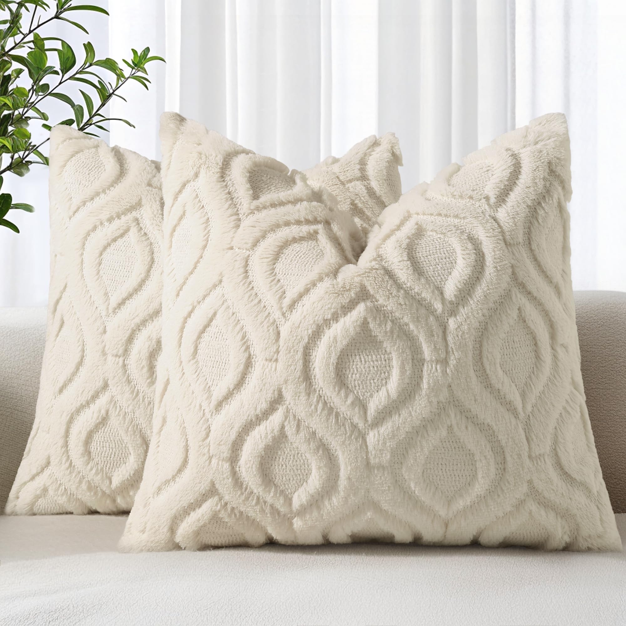 decorUhome Fall Throw Pillow Covers 18x18 Inch Set of 2, Soft Plush Faux Wool Beige Solid Couch Pillow Covers, Accent Farmhouse Neutral Square Pillow Cases for Sofa Bed Living Room Home Decor