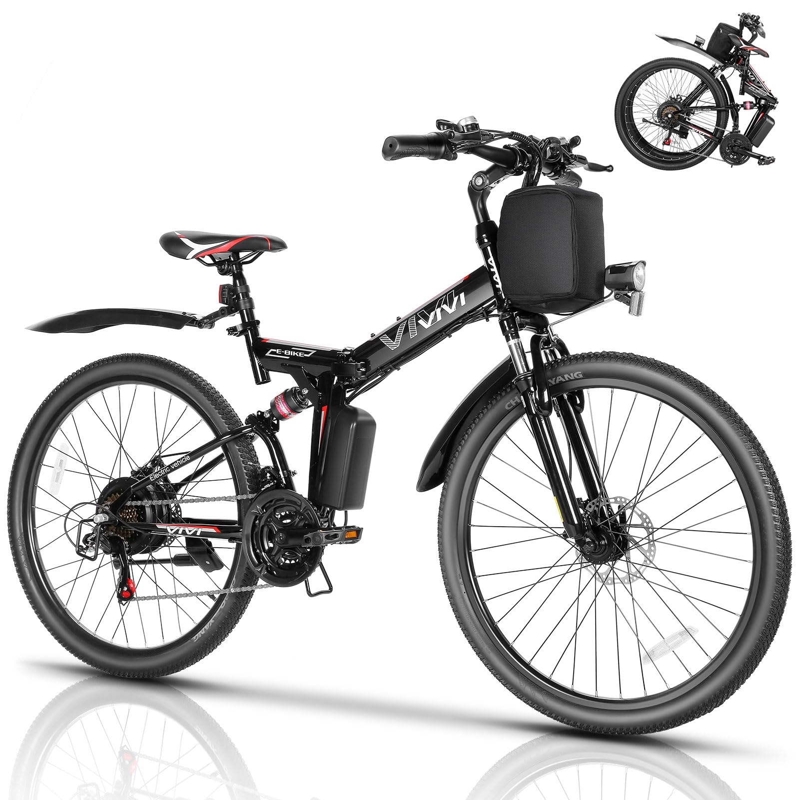 Vivi M026TGB Electric Bike 26" Electric Bike for Adults, Peak 750W Folding Electric Mountain Bike, 48V Removable Lithium Battery, 21 Speed, Top 22 Mph, Up to 50 Miles, Dual Shock Absorber, UL 2849