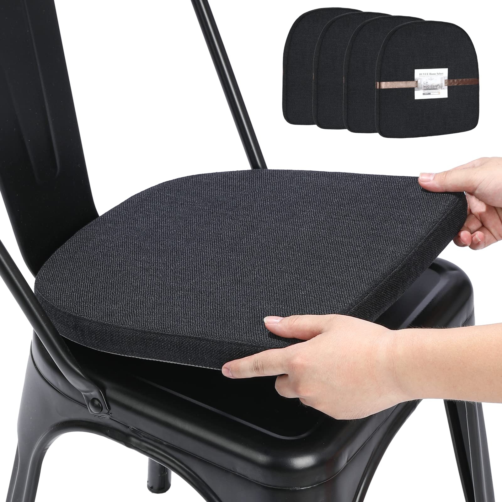 BUYUE Friendly Woven Fabric 14x14 Magnetic Cushions for Metal Chair Set of 4, Enhanced Anti-Slip Seat Pads for Dining Kitchen Café Stackable Chairs (U-Shape, Black, 4 Counts)