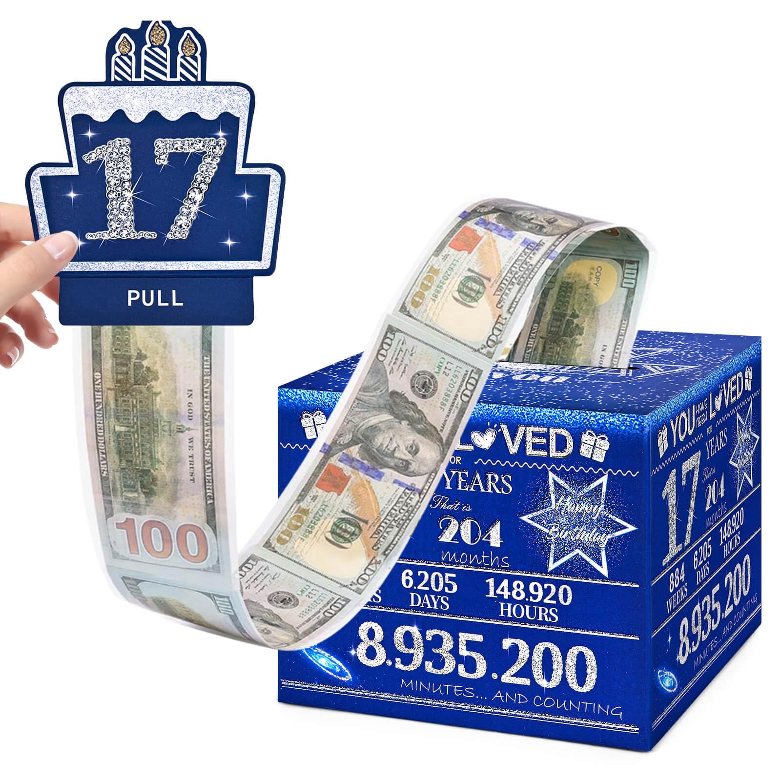 TOYEISHI 17 Happy Birthday Money Box for Cash Gift, 17th Birthday Decorations for Boys and Girls, Gifts for 17 Year Old Boy, Boy Gift Ideas, Cool Things for Teen -Blue with 100PCS Bags
