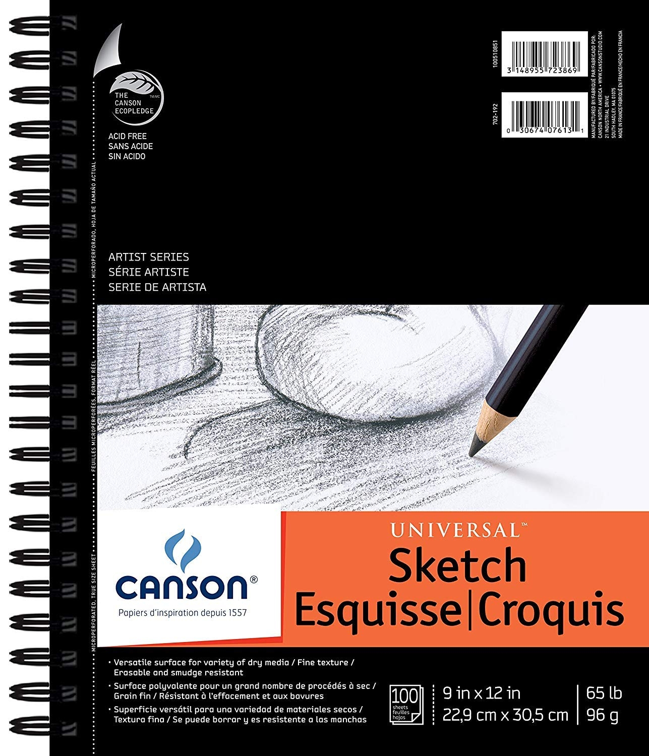 Canson Universal Heavyweight Sketch Pads, 9 In. x 12 In., 100 Sheets (100510851) (18686), White, 9" x 12"