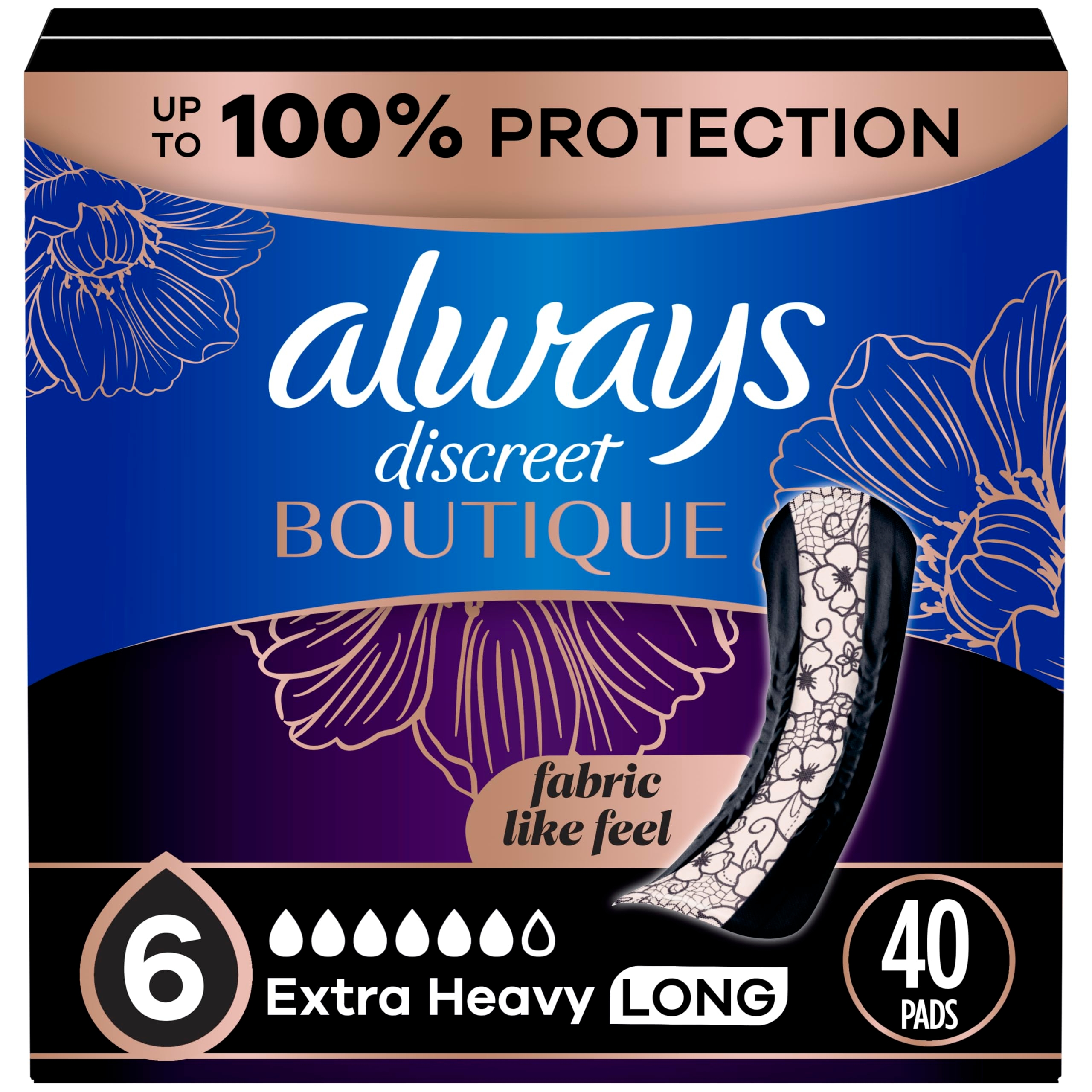 Always Discreet Boutique Incontinence Pads, for Bladder Leaks, Extra Heavy Absorbency, Long Length, 20 Count x 2 Packs (40 Count Total) (Packaging May Vary)