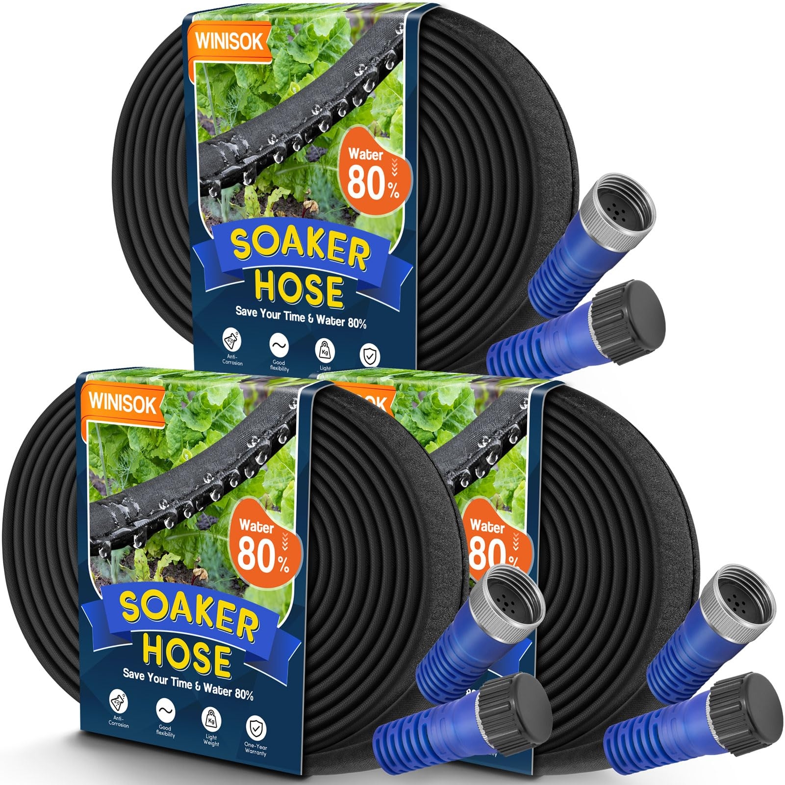Winisok 150FT Thickened Flat Soaker Hose, Heavy Duty Double Layer Watering Hoses, Save 80% Water, Flexible Leakproof, Drip Irrigation Tubing for Garden Beds and Lawns (50 FT x 3Pack)