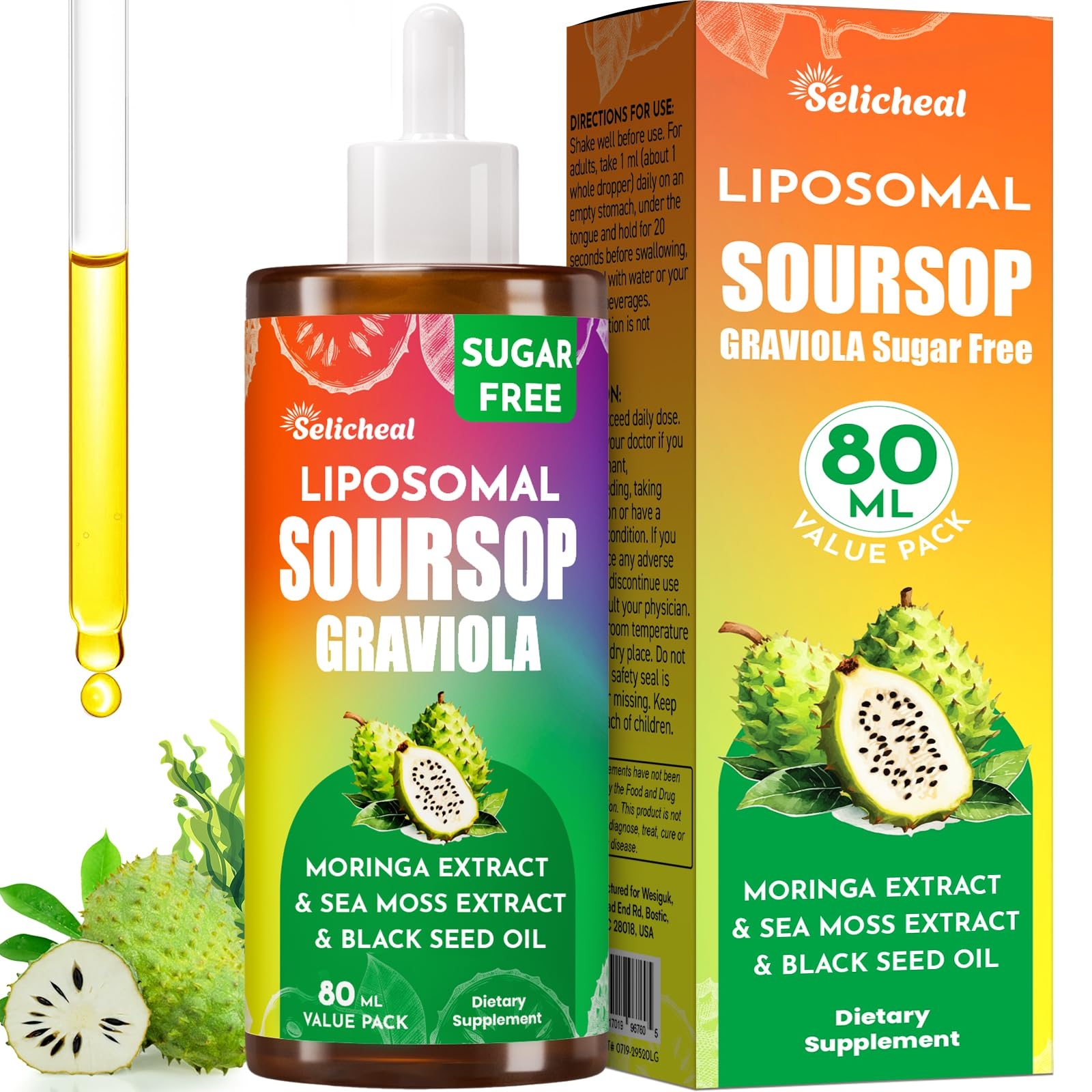 Soursop Bitters Liquid 880MG, Soursop Multivitamin Drops with Leaf Extract, for Cell Support & Regeneration, Immunity, Liver, Gut, Zzz, Skin & Antioxidant | 2.8 Fl Oz, 80 Days Supply - 1 Pack