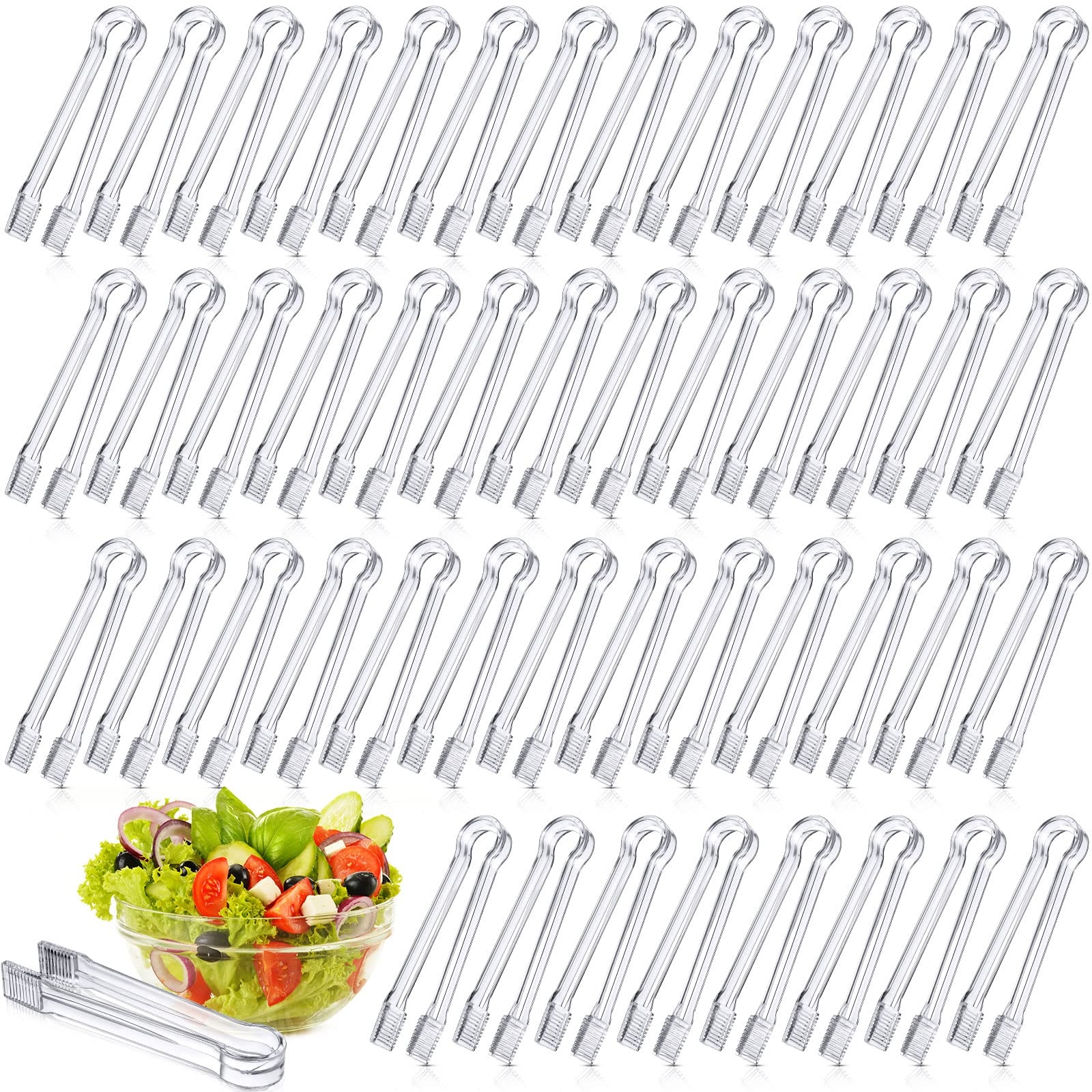 Nuogo 48 Pcs Plastic Buffet Serving Tongs Clear Kitchen Tongs 6.3 Inch Mini Serving Utensils for Food Ice Salad Buffet Barbecue Cookies Tea Coffee Appetizers Party Supplies