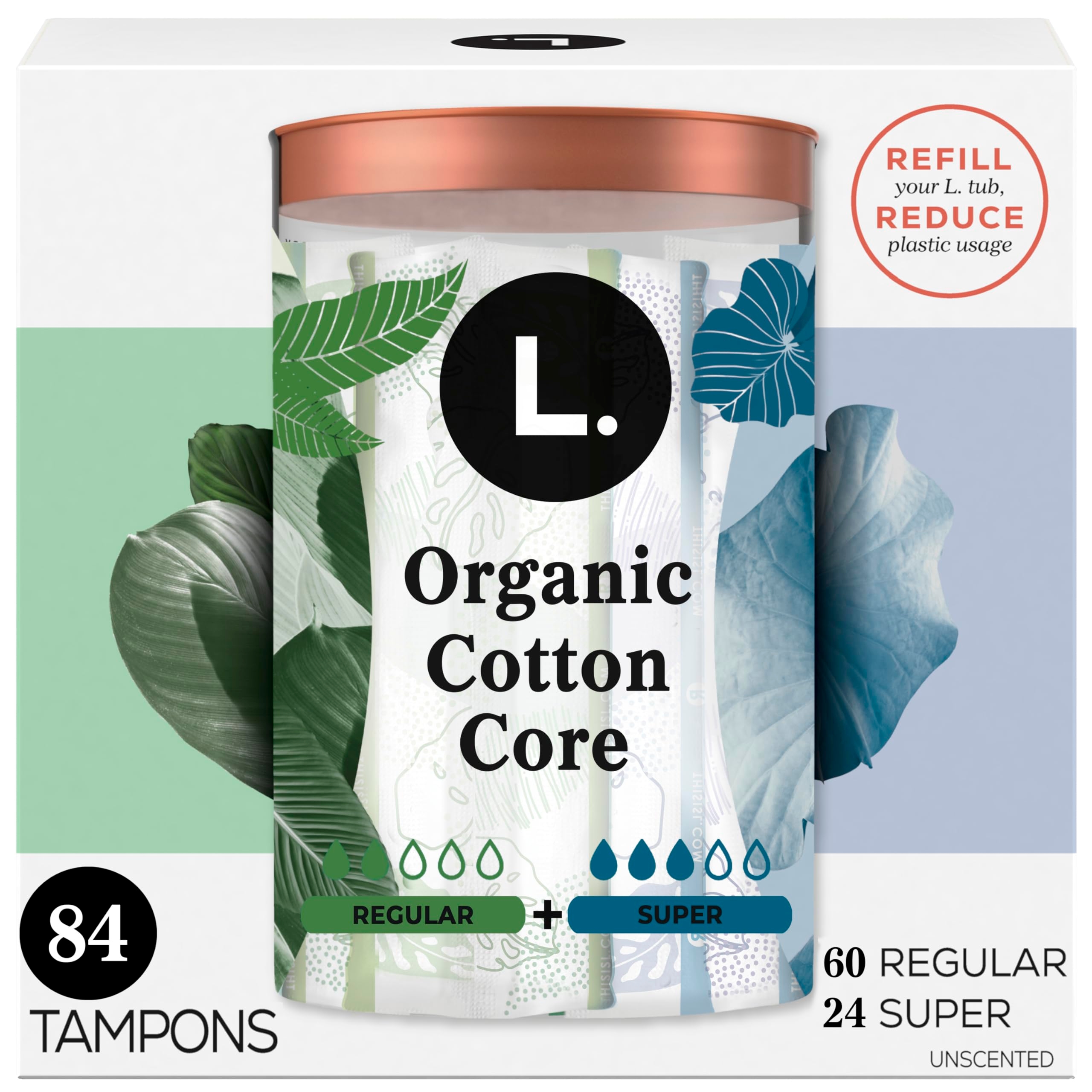 L. Cotton Tampons Regular/Super Absorbency Multipack, Contains an Organic Cotton Core, Made Without Synthetic Pesticides, or Fragrances 84 Count (Packaging May Vary)