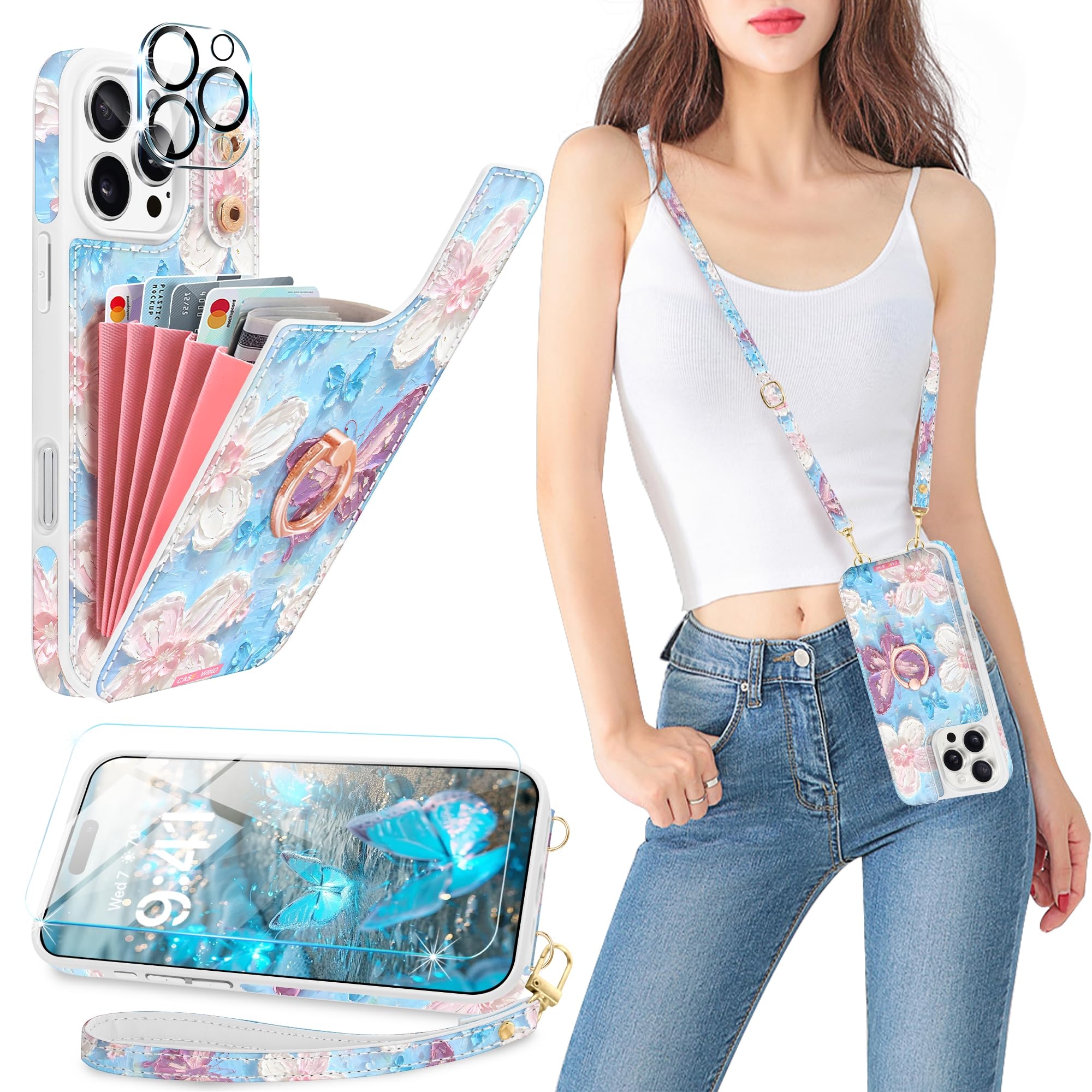Casewind Crossbody Wallet Case for iPhone 16 Pro Max with Card Holder, Cute 3D Oil Painting Floral Butterfly Crossbody Case[Screen Protector+Camera Lens Protector]Ring Stand&Lanyard Flip Cover, White