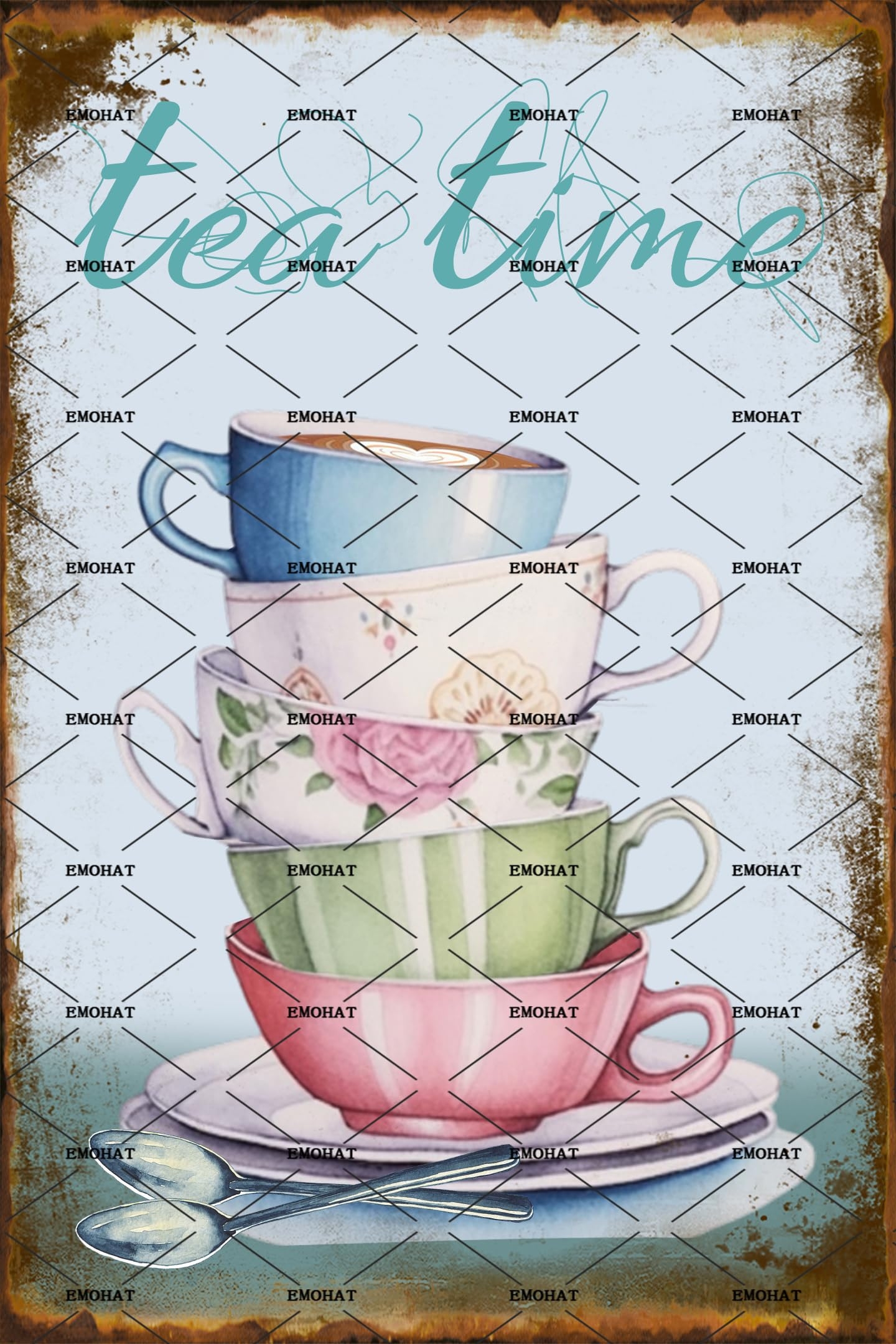 EMOHAT Vintage Style Metal Tin Sign Wall Decoration Tea Cup Tea Time Coffee House Dessert Shop Metal Plaque Tin Poster Home Bar Pub Garage Shop Kitchen Restaurant Tin Metal Sign 8x12 Inch