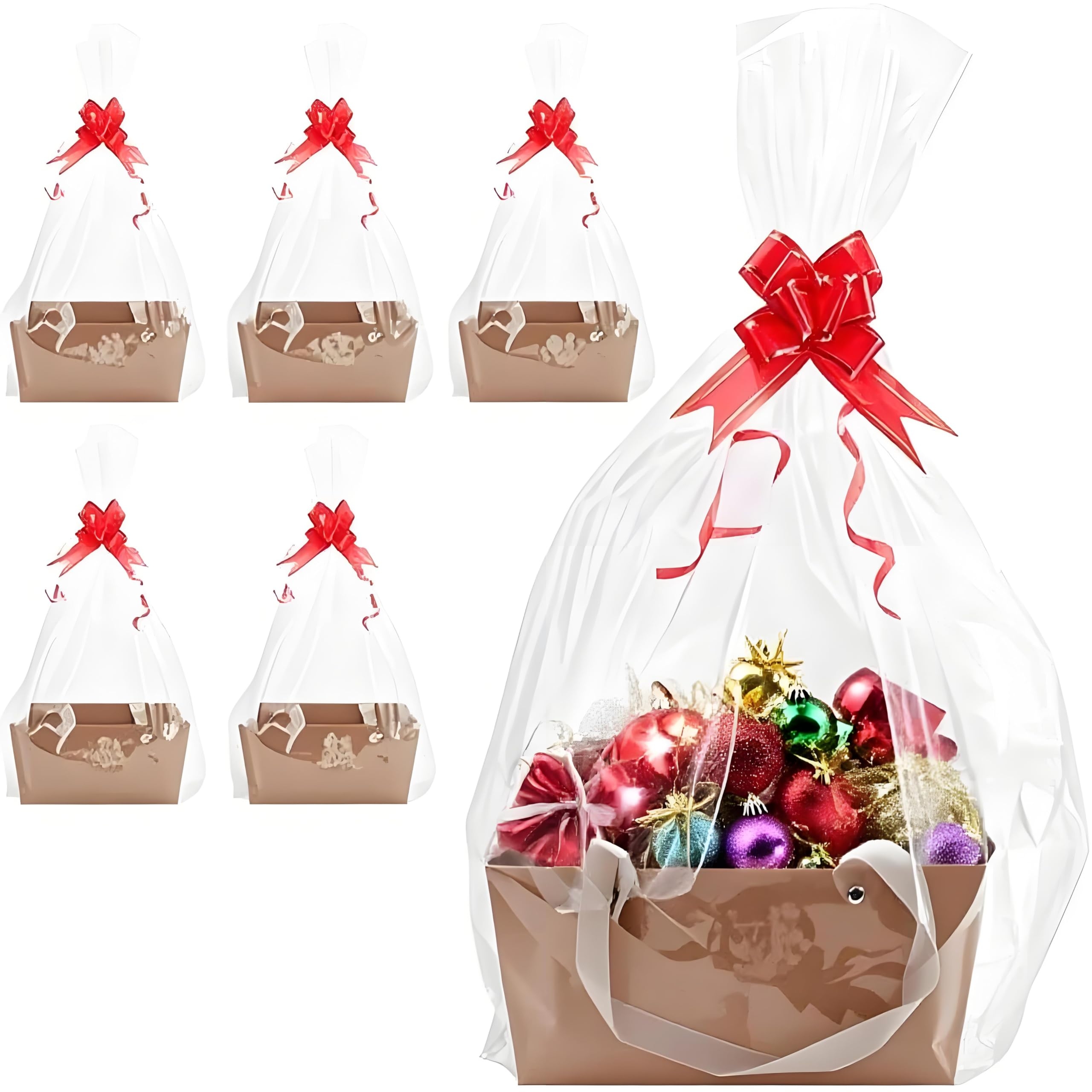 5 Pcs Brown Basket for Gifts Empty DIY Bulk Party Gift Basket Kit with Handles with 5 Bag 5 Bow Market Tray for Gift Packages Wrapping Anniversary Birthday Wedding Party Gift(9.8 x 6.7 x 4.3 In)