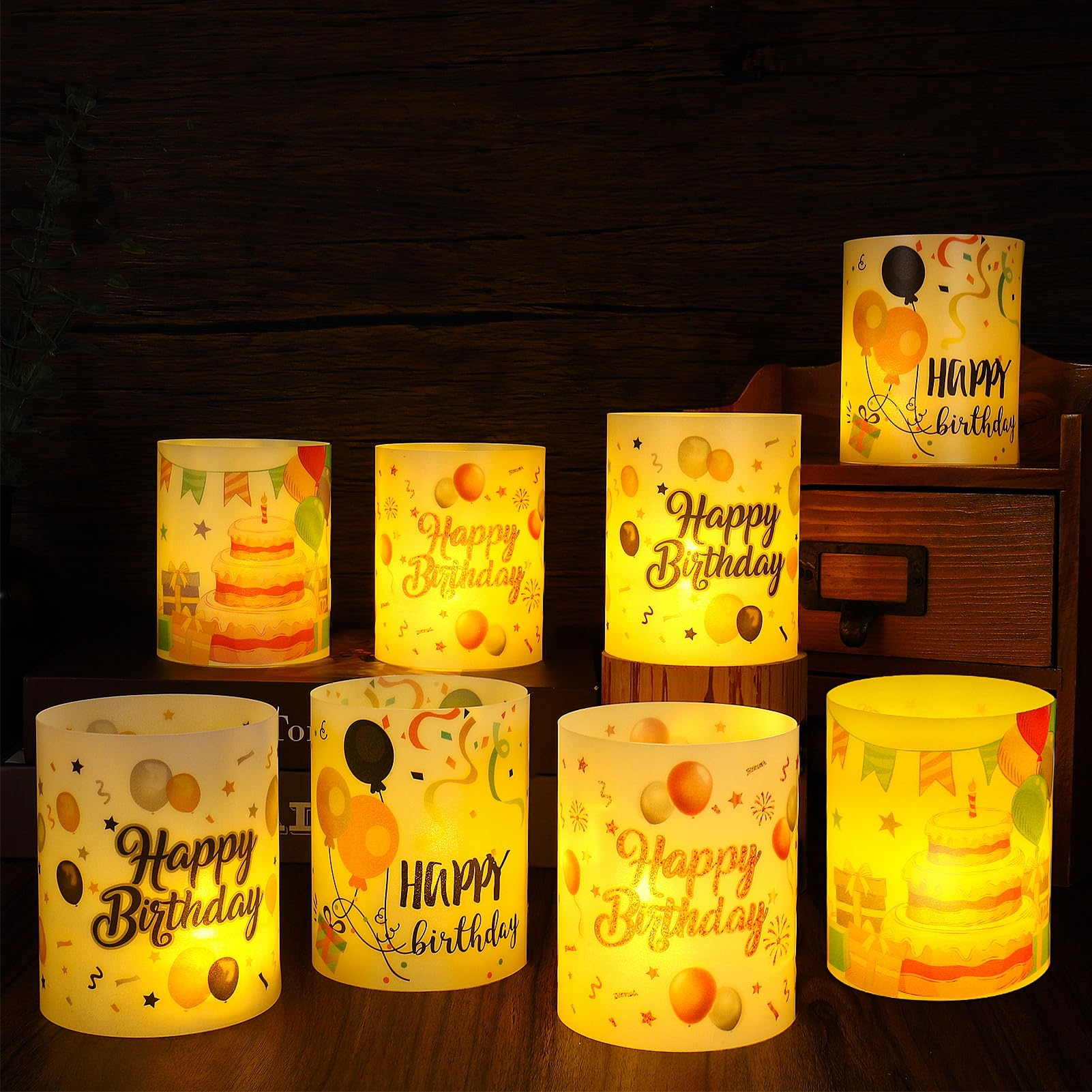 Happy Birthday Table Decorations, 8 Sets Birthday Centerpieces Lantern Boxes & LED Tea Lights, Flameless Votive Candle Holders Shade Cover Sleeve for Table Desk Home Room Indoor Office Party Supplies