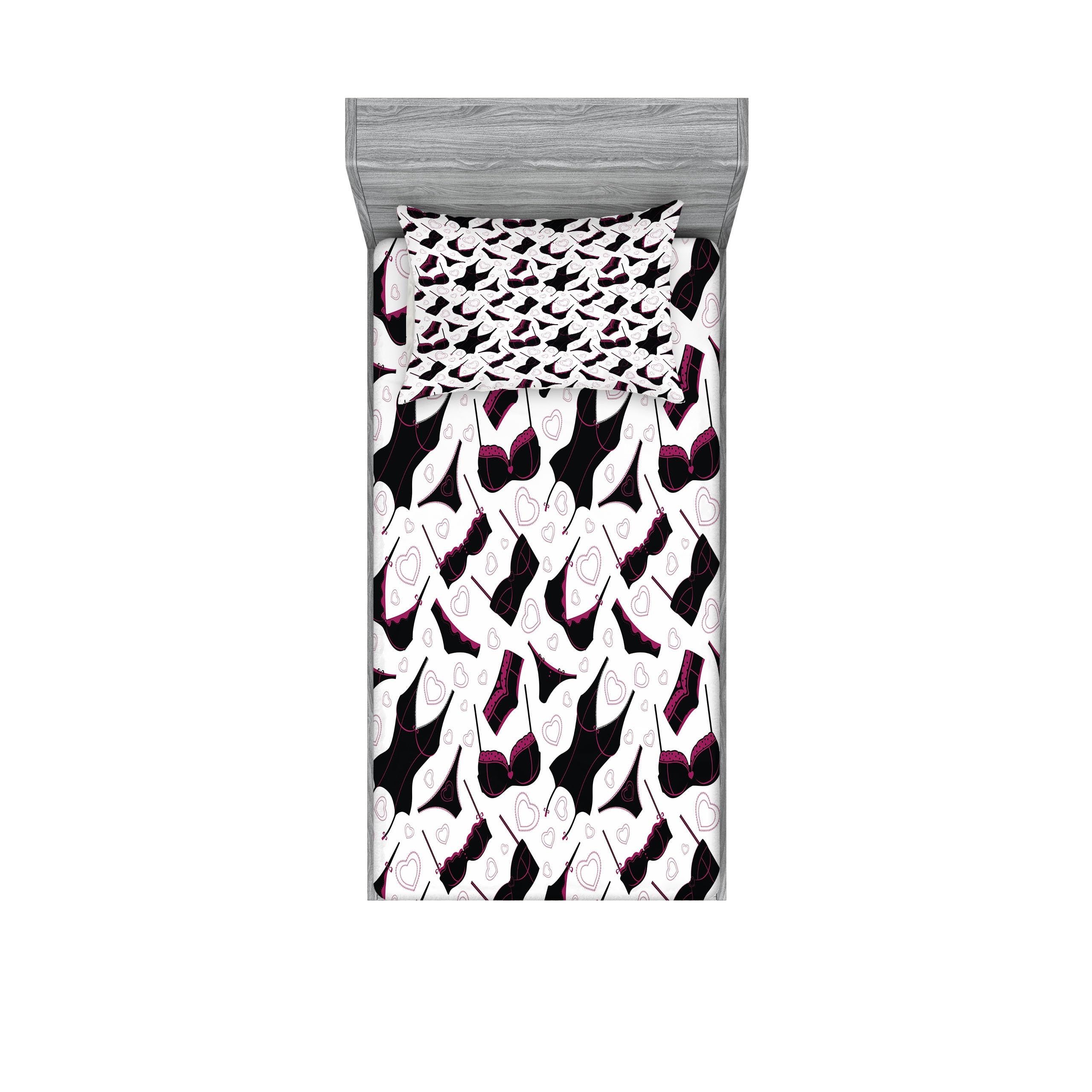 Ambesonne Retro Fitted Sheet & Pillow Sham Set, Lingerie Pattern Brassiere and Panties with Hearts Women`s Fashion Underwear, Decorative Printed 2 Piece Bedding Decor Set, Twinxl, Black Fuchsia White
