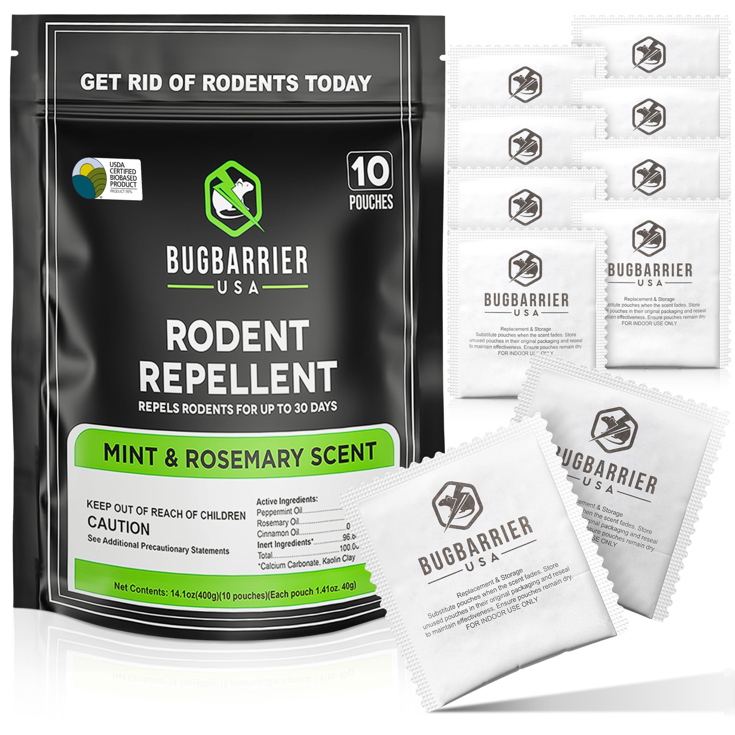 BugBarrier's Extra-Strength Mouse Repellent Deterrent Pouches, USDA 99% Biobased, Peppermint & Rosemary Oils Repel Mice Nesting in Car, RV, Boat, Garage, Shed, Cabin Made in The USA (Pack of 10)