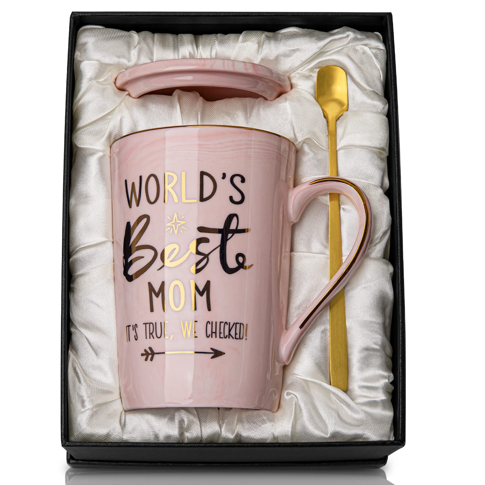 Birthday Gifts for Mom from Daughter Son - 14Oz Funny Best Mom Mug with Gold Print, Unique Pink Marble Coffee Cup with Lid Spoon Greeting Card, New Moms Mothers Day Gift Ideas, Luxury Gift-Boxed Set