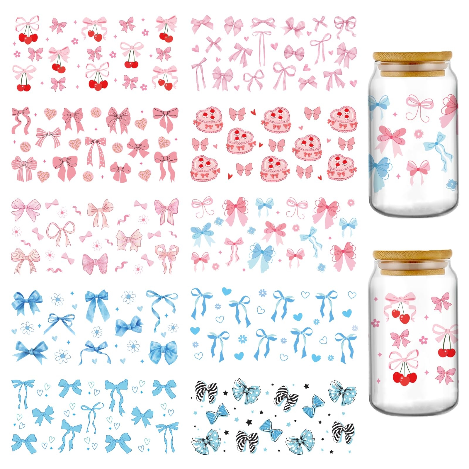 Bows UV DTF Cup Wraps - 10 Sheets Pink Coquettte Bow Uvdtf Tumbler Wrap for 16 oz Glass, Cute Butterfly Cherry Waterproof Transfer Sticker DIY Water Bottle Craft Decor Holiday Gifts for Girlfriend