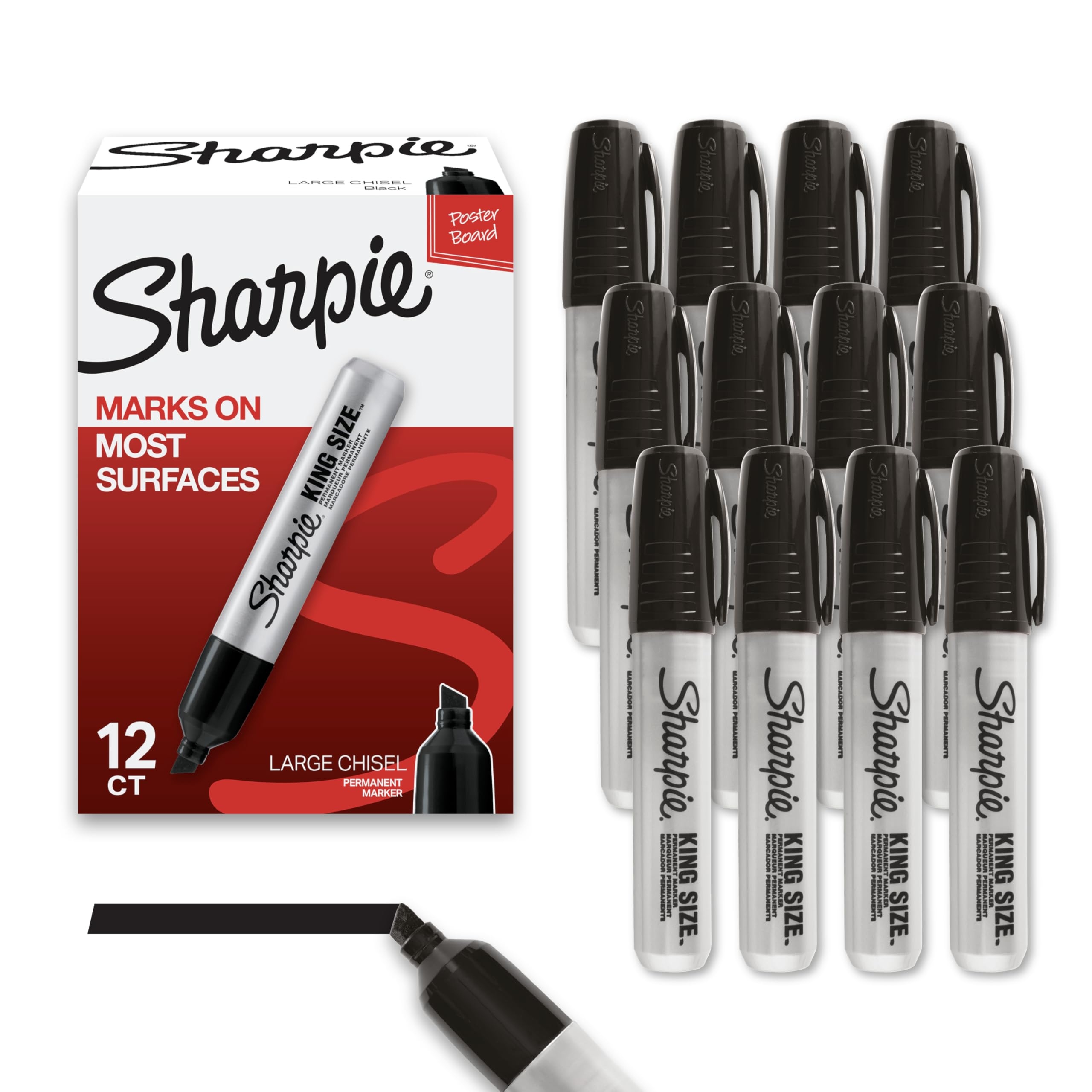 Sharpie King Size Permanent Marker Set, Chisel Tip, Thick Poster Markers, Heavy Duty For Work & Industrial Use, Black, 12 Count - High Capacity Ink Supply, For Paper, Metal, Plastic, And More