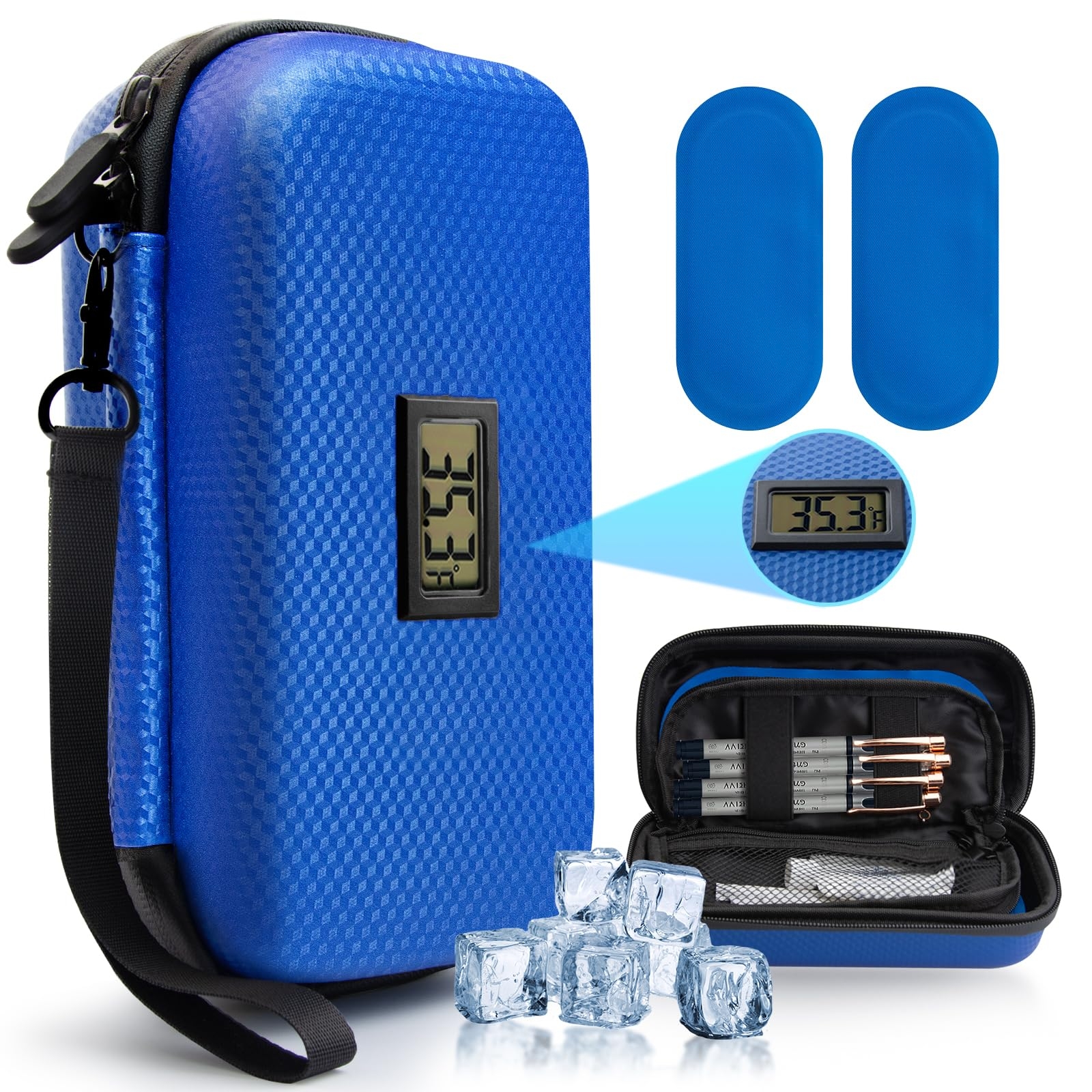 24h Insulin Cooler Travel Case - TSA Approved Medication Diabetic Cooler for Travel with Thermometer Temperature Display Refrigerated Medicine Organizer Bag with 2 Ice Pack
