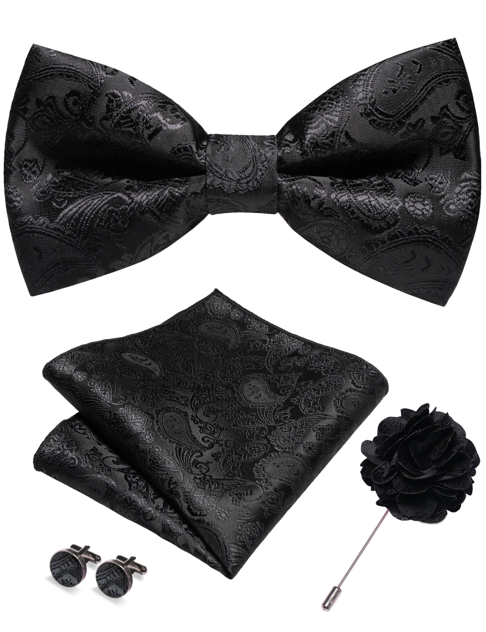 JEMYGINS Paisley Pre-tied Bow Tie and Pocket Square Cufflinks Lapel Pin Sets for Men 4PCS