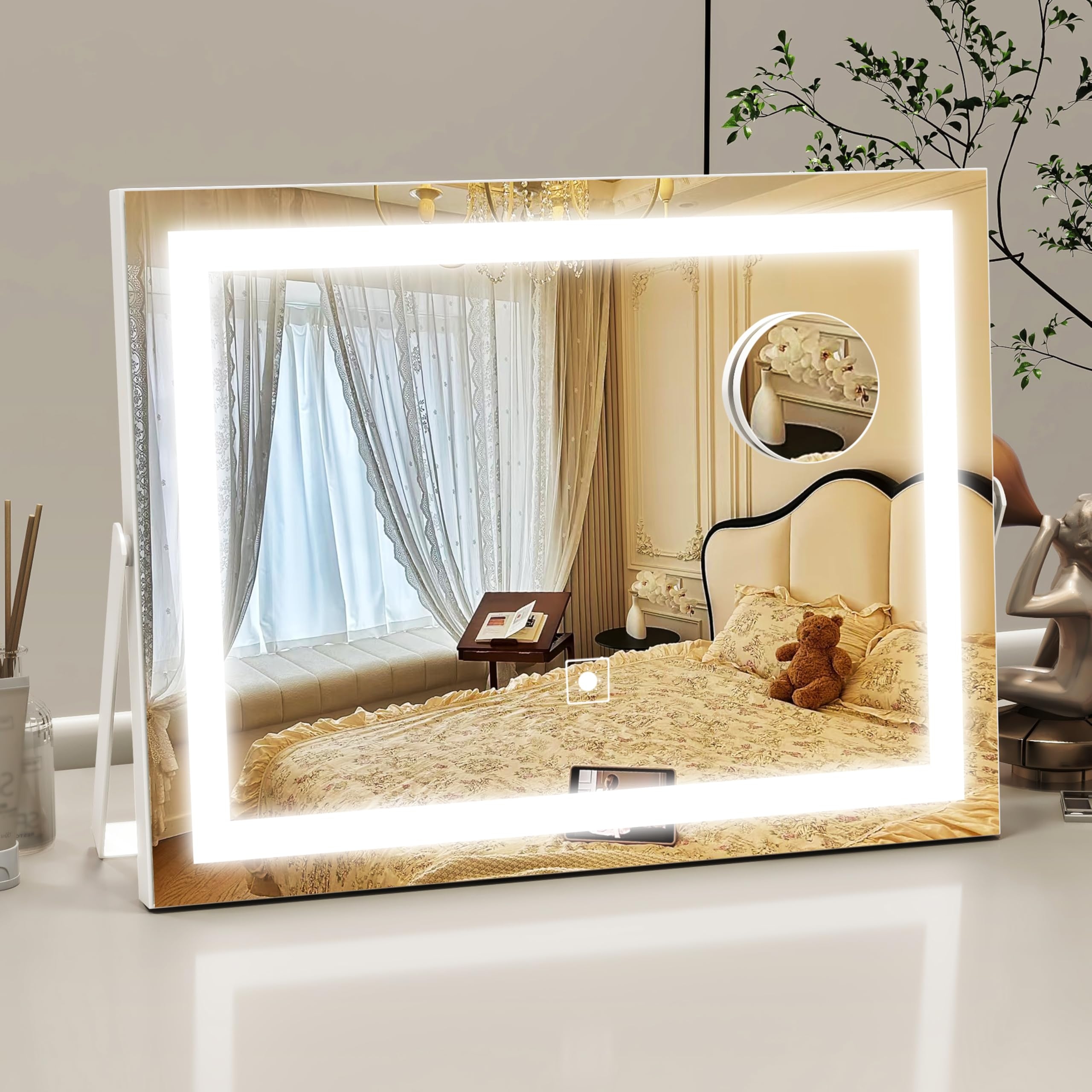 ROLOVE Vanity Mirror with Lights, 14" x 11" LED Makeup Mirror, 3 Modes Light, Smart Touch Control Dimmable, 10X Magnification, 360°Rotation, Square Corner Rectangle, White
