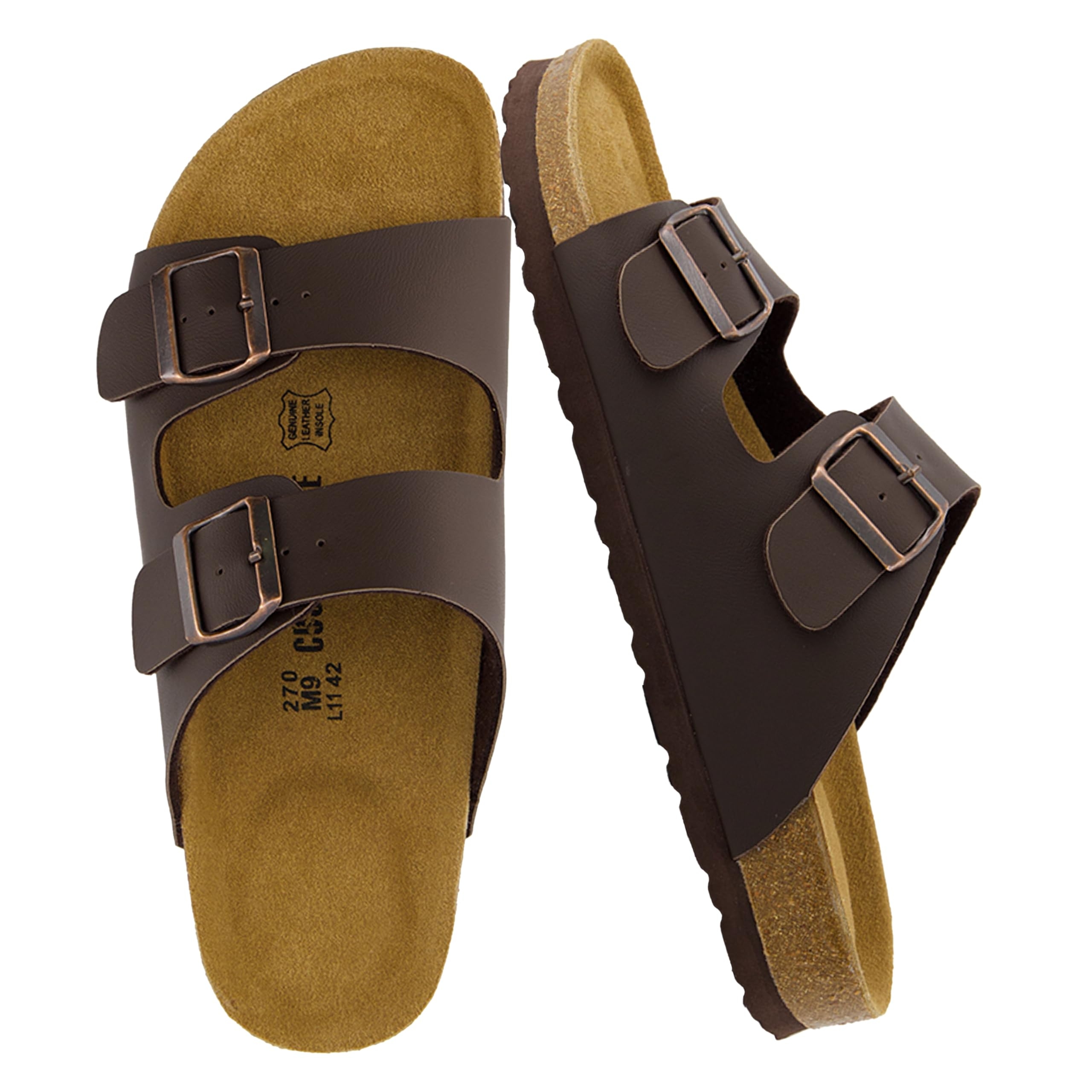 CUSHIONAIRE Lane Cork Footbed Mens Sandals, Adjustable Buckle Comfort Slides for Men, Genuine Leather Insole Summer Sandals Men Footwear