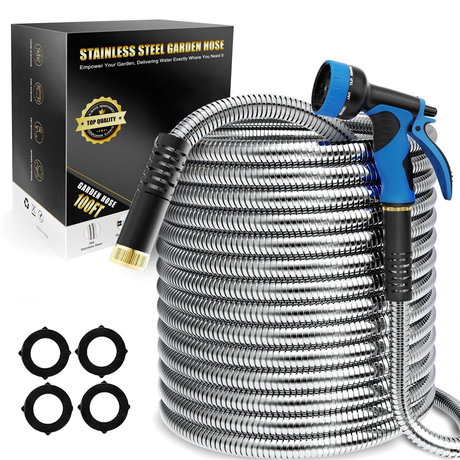 Lefree Garden Hose 100ft, Metal Garden Hose, Flexible Water Hose with 10-Function Nozzle, Stainless Steel Heavy Duty Hose, Crush Resistant, Leak Proof, No Kinks Garden Hoses for Yard, Outdoors, Rv