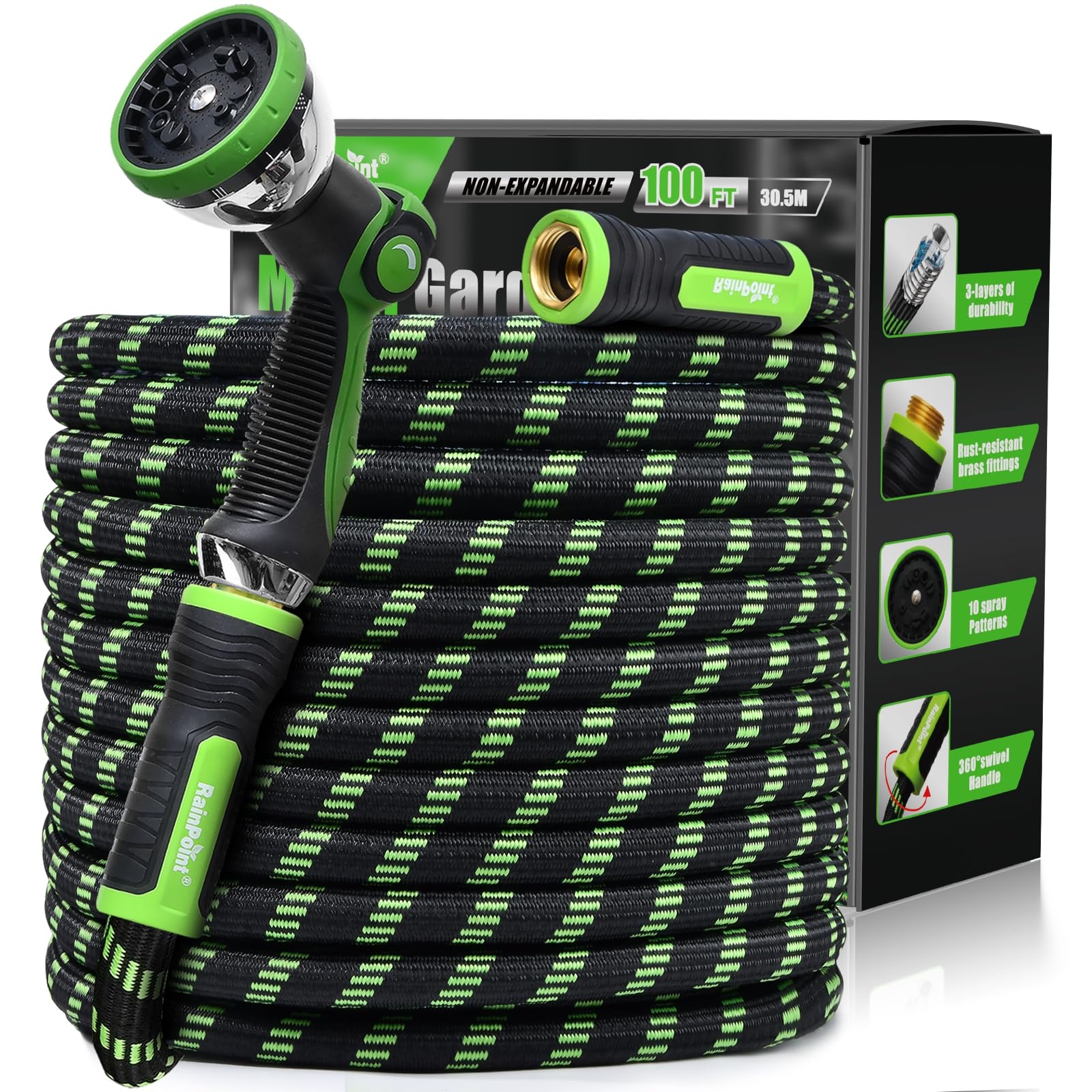 RAINPOINT Metal Garden Hoses for Yard 100 ft - No-kink 304 Water Hose 100ft with 10 mode Nozzle - Brass Connection, Swivel Handle, Flexible Hose,Lightweight, Puncture