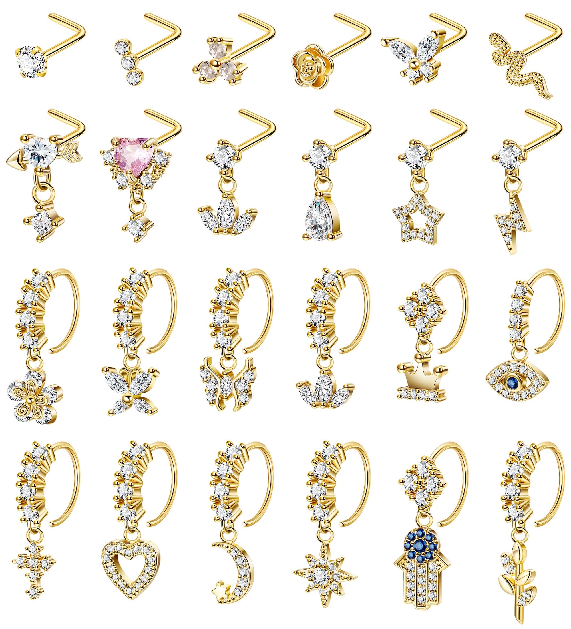 LOAYHOAY 24Pcs 20G Surgical Steel Dangle Nose Ring for Women L Shaped Dangling Nose Stud Dainty Nose Hoop Set CZ Flower Leaf Heart Moon Star Butterfly Dangle Nose Piercing Jewelry