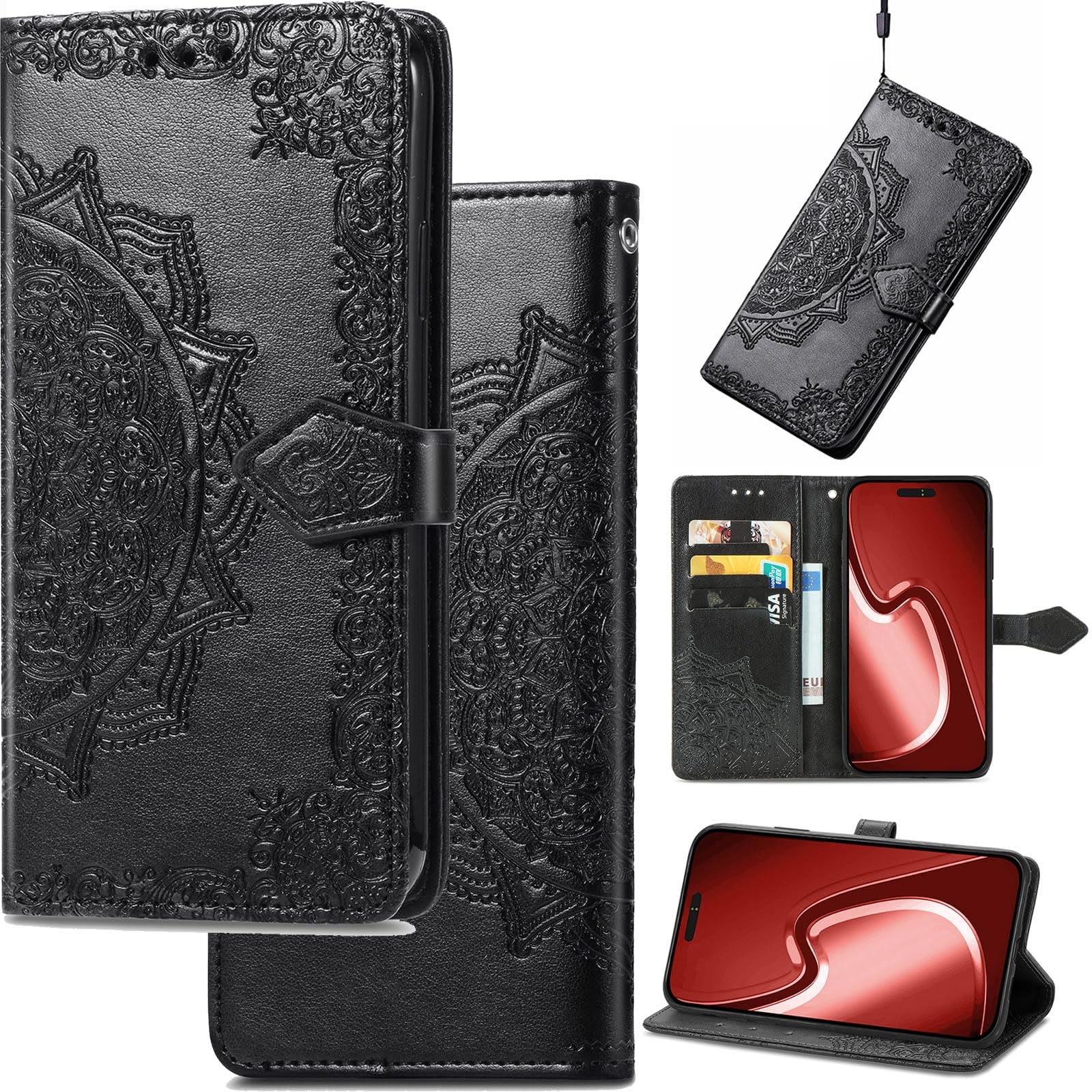 GuluGuru for iPhone 16 Pro Max Leather Phone Case, 3D Carved Relief Flower Lace Pattern Folio Flip Cover Kickstand, Floral Card Holder Cash Slot, Magnetic Clasp, Hand Wrist Strap