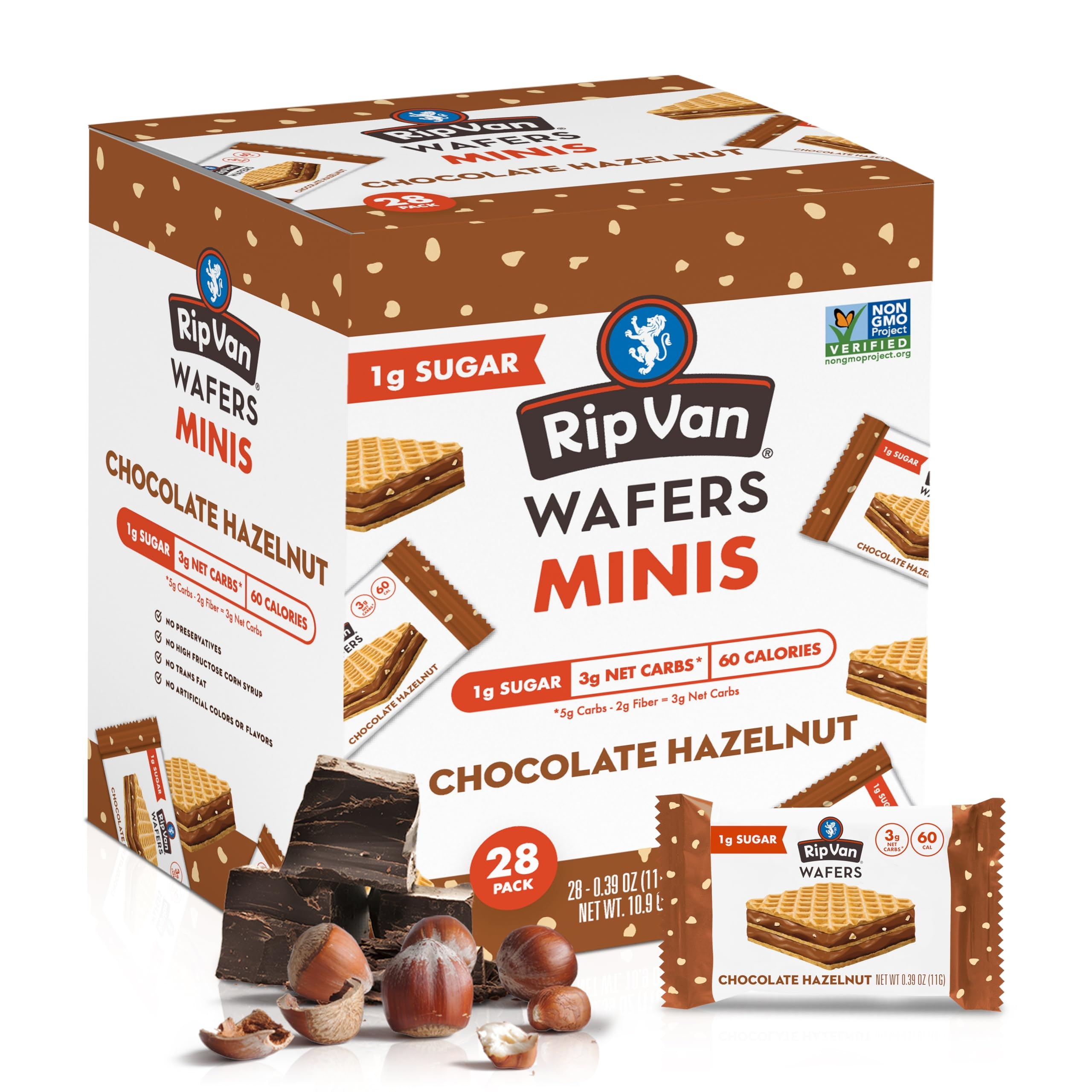 Rip van Wafels Rip Van Chocolate Hazelnut Mini Wafer Cookies - Healthy Snacks - Mini Keto Cookies - Keto Snacks - Low Carb, Low Sugar (1g), Low Calorie and Vegan Snack - 28 Count